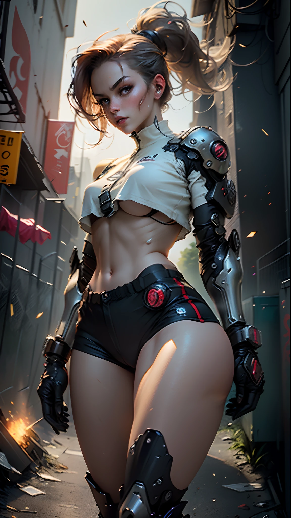 (8K, Raw photos, Top Quality, Masterpiece: 1.2), (Realistic, Photorealistic: 1.37), high details: Woman body defined thick thighs cybernetic body parts, short underwear, glowing, urban warzone, holding a combat knife in right hand, ponytail, explosions in background, dynamic lighting, low light, rim light,