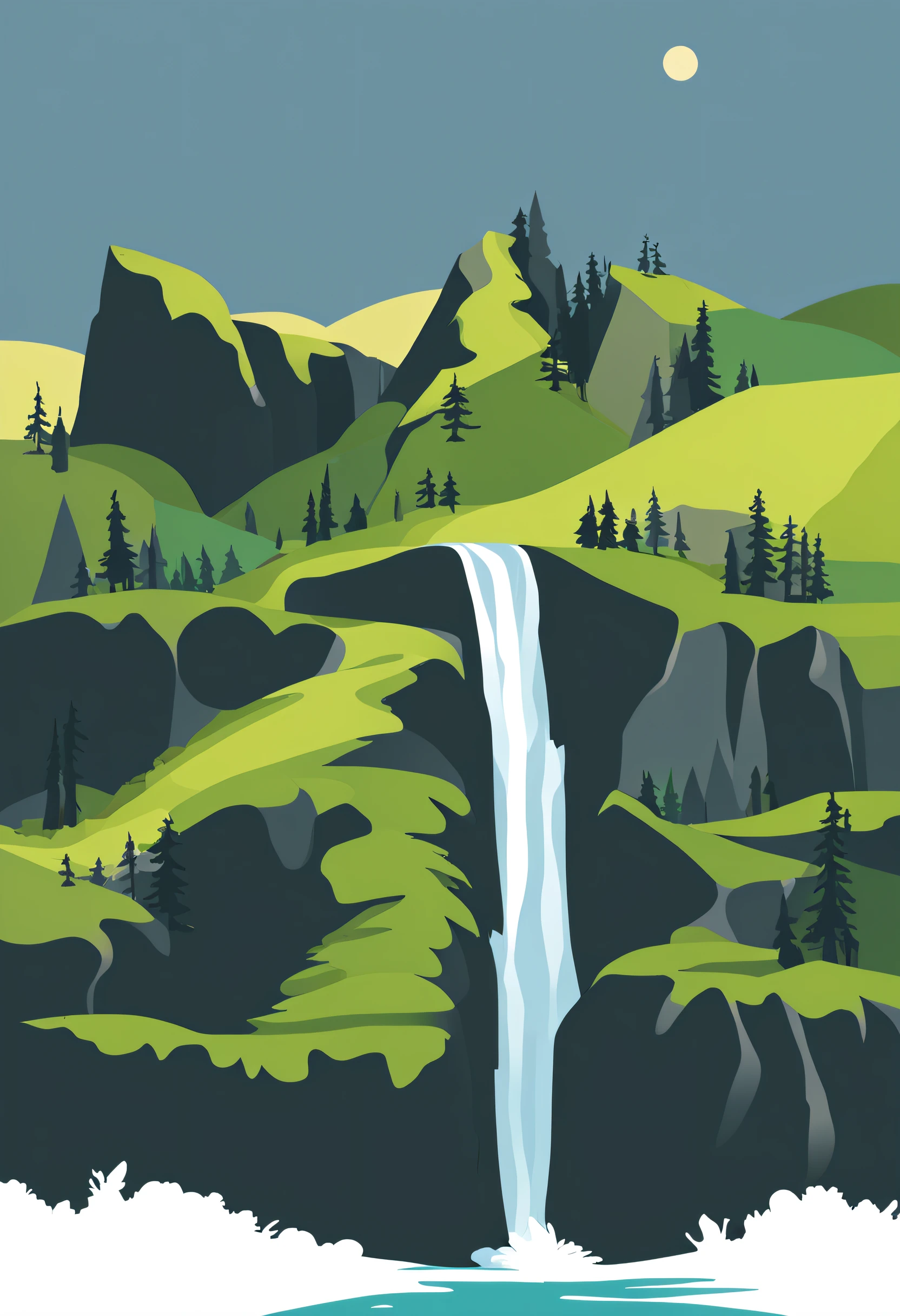 Illustration of waterfalls in the jungle islandia