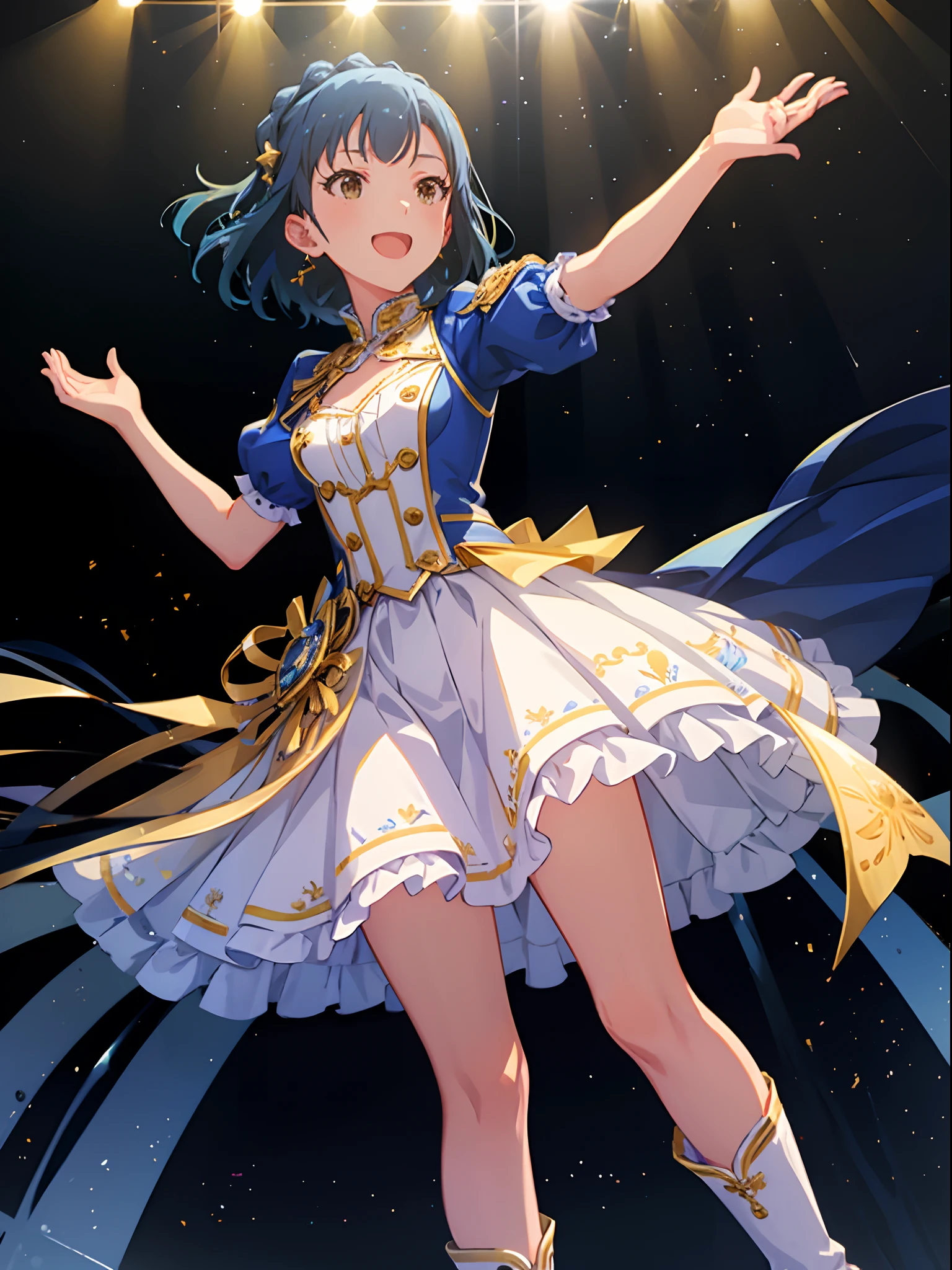 yuriko nanao (million live), 1 girl, Solo, Best Quality, masutepiece, 8K, High resolution, Ultra-detailed, singing on the stage, smile, blue jacket with golden button, short sleeves, puffy sleeves, pleated skirt, white skirt, white long boots, laced up boots,