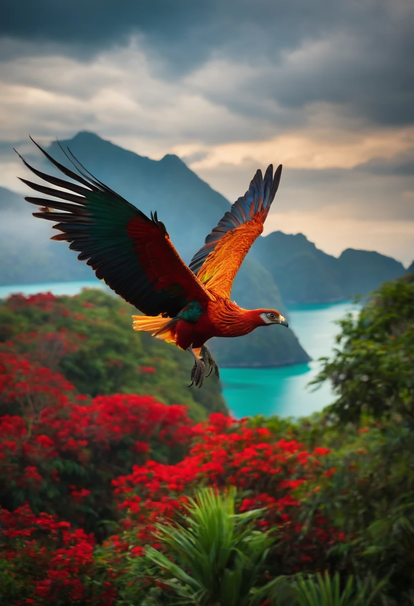 Phoenix bird flying looking at bellow seeing indonesia island