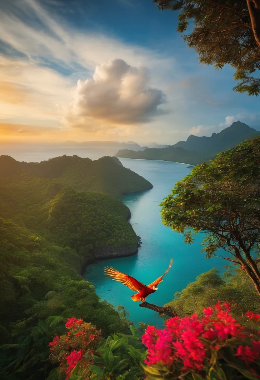 Phoenix bird flying looking at bellow seeing indonesia island