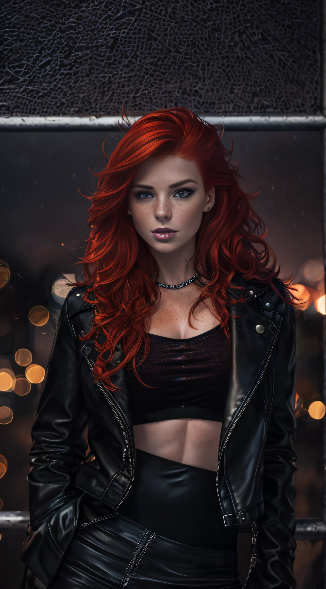 (best quality, highres),sexy attractive redhead,black leather,outdoor,night scene,soft lighting,flowing hair,elegant,freckles,piercing eyes,seductive stare,confident expression,vivid colors,high contrast,stylish,fashionable,provocative,alluring,modern,urban,edgy