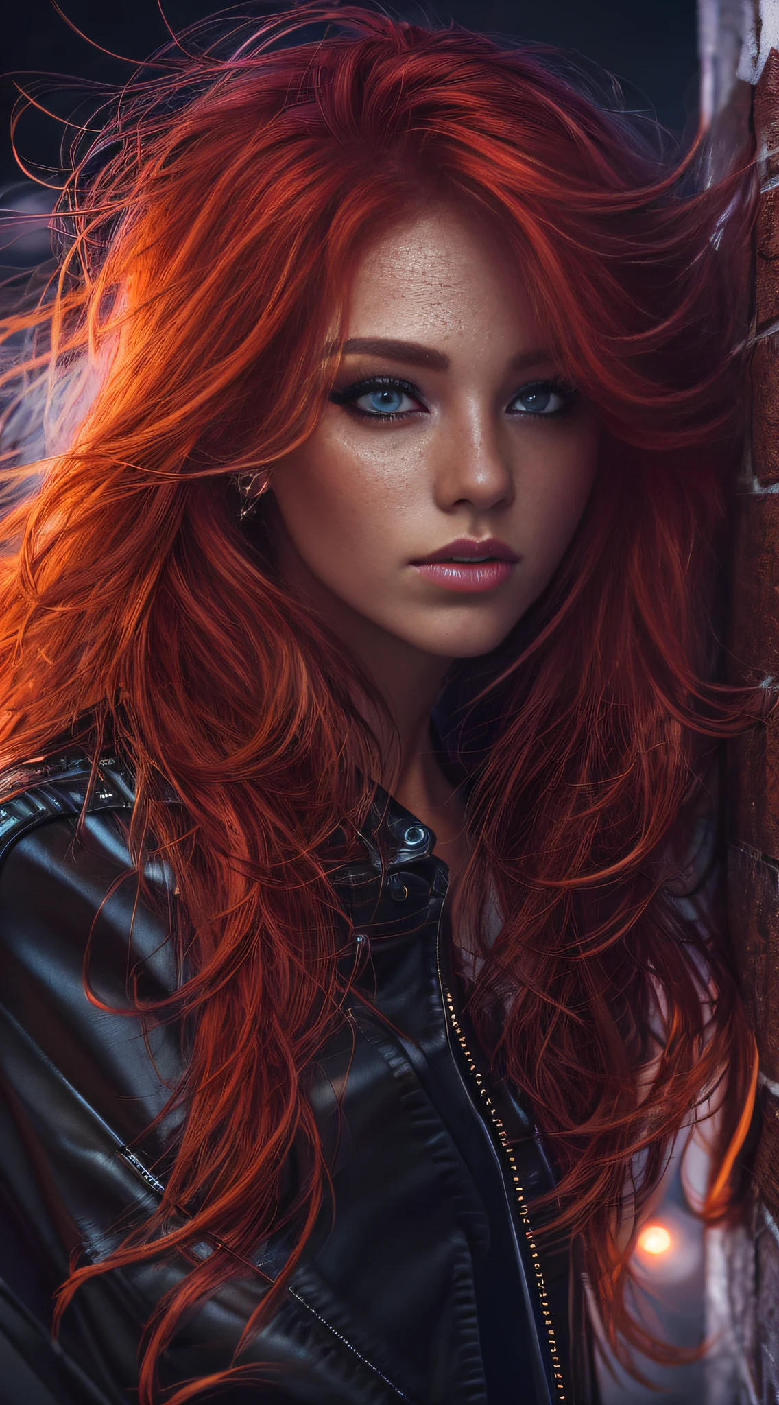 (best quality, highres),sexy attractive redhead,black leather,outdoor,night scene,soft lighting,flowing hair,elegant,freckles,piercing eyes,seductive stare,confident expression,vivid colors,high contrast,stylish,fashionable,provocative,alluring,modern,urban,edgy