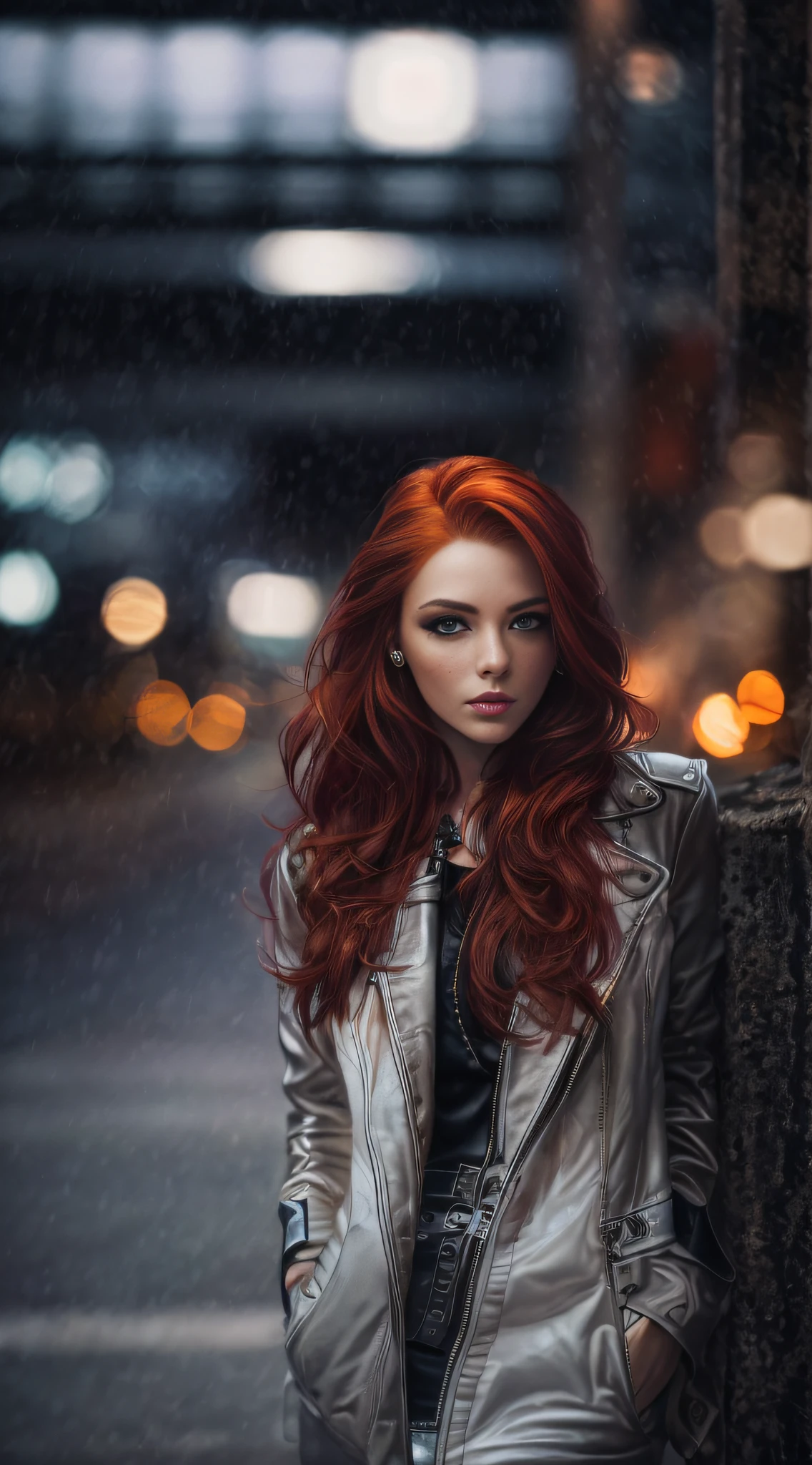 (best quality, highres),sexy attractive redhead,black leather,outdoor,night scene,soft lighting,flowing hair,elegant,freckles,piercing eyes,seductive stare,confident expression,vivid colors,high contrast,stylish,fashionable,provocative,alluring,modern,urban,edgy