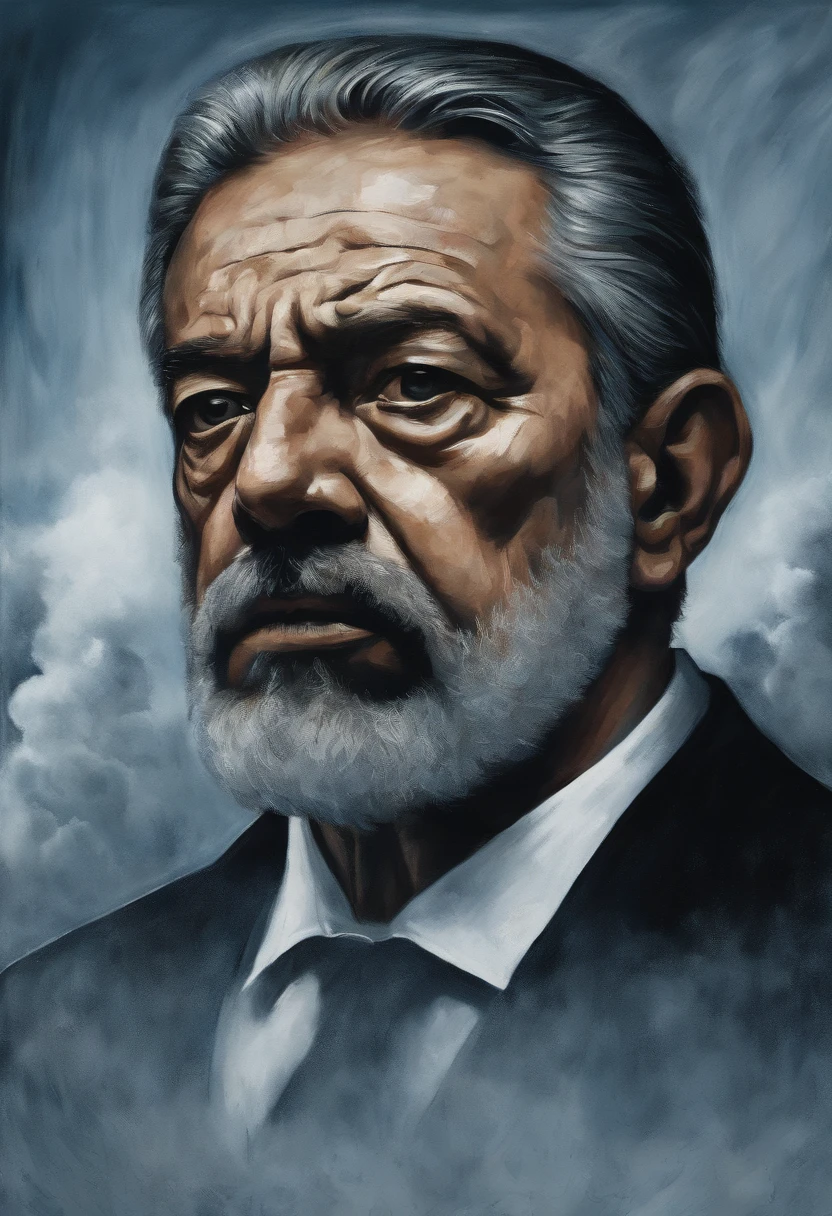 (a detailed portrait:1.1),(charismatic leader, determined expression, confident eyes),presidente argentina (best quality,highres),oil painting,realistic,professional,rich colors,soft lighting,subtle brushstrokes,lush vegetation,traditional attire,strong facial features,white beard,long silver hair,powerful orator,energetic gestures,strong physique,contemplative background,blue sky and clouds,people cheering in the background,flag of argentina,inspiring crowd,fingerprint of Lula on the painting,influential leader,historic moment,celebratory atmosphere