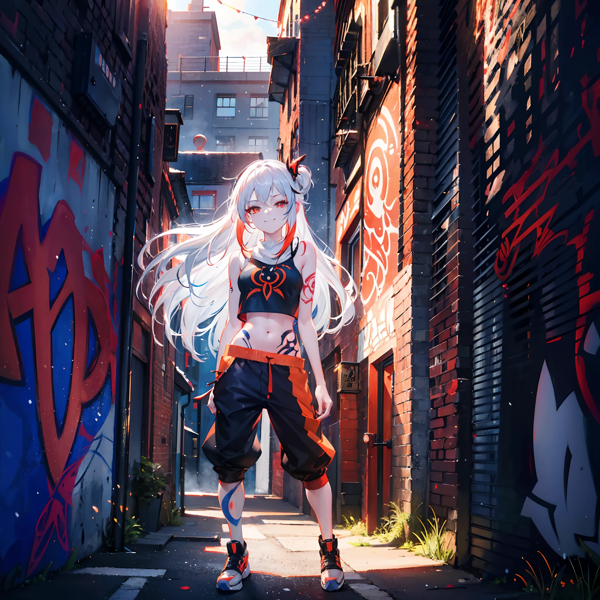 1 girl, solo, snow white hair with red tips, orange eyes, long hair, intricate glowing blue hairpin, fishnet street crop_top, short trousers grinning, smiling, winking, one_eye_closed, standing, posing, graffiti wall in background, tattoos on body