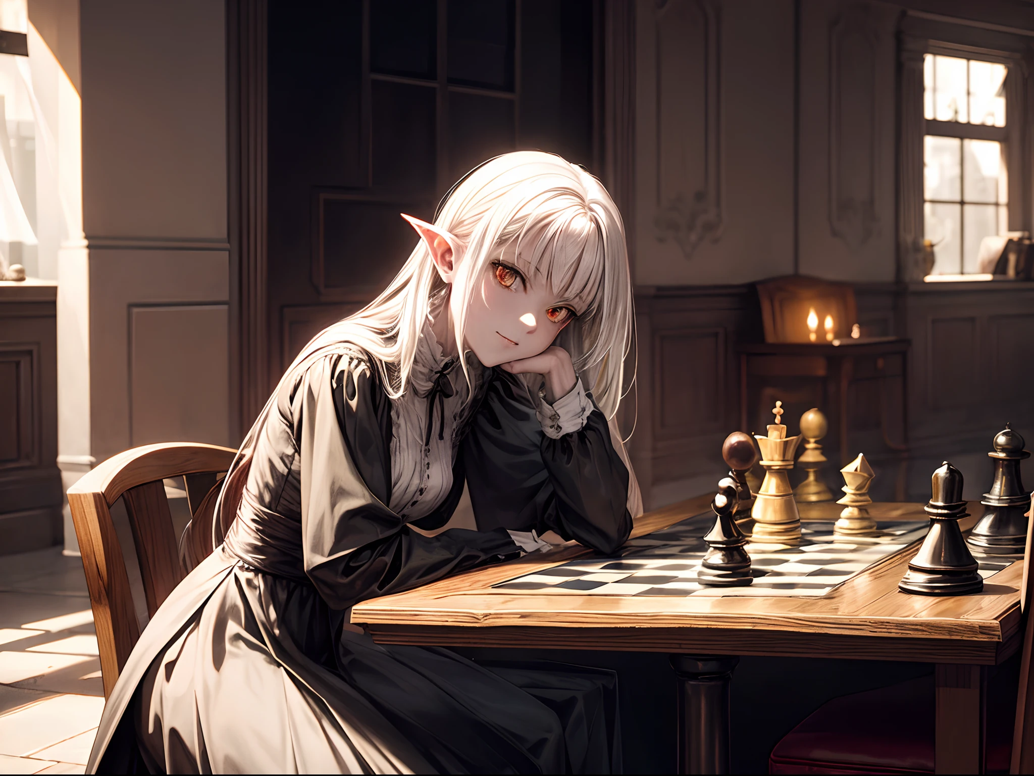 horrifying Nosferatu sitting at table across from a sexy woman, the table has a chessboard on it, they are in the park