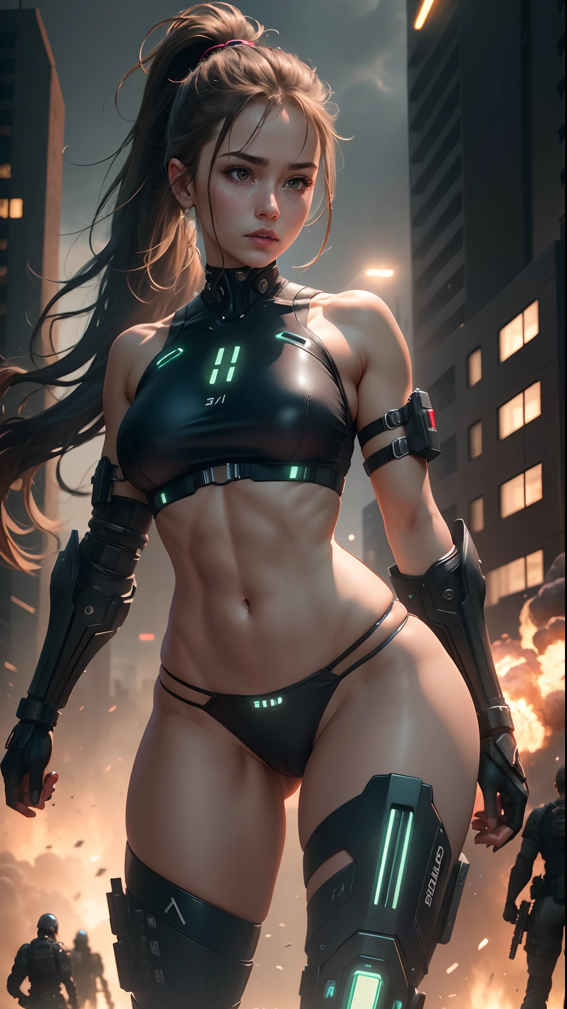 (8K, Raw photos, Top Quality, Masterpiece: 1.2), (Realistic, Photorealistic: 1.37), high details: Woman body defined thick thighs cybernetic body parts, short underwear, glowing, urban warzone, holding a combat knife in right hand, ponytail, explosions in background, dynamic lighting, low light, rim light,