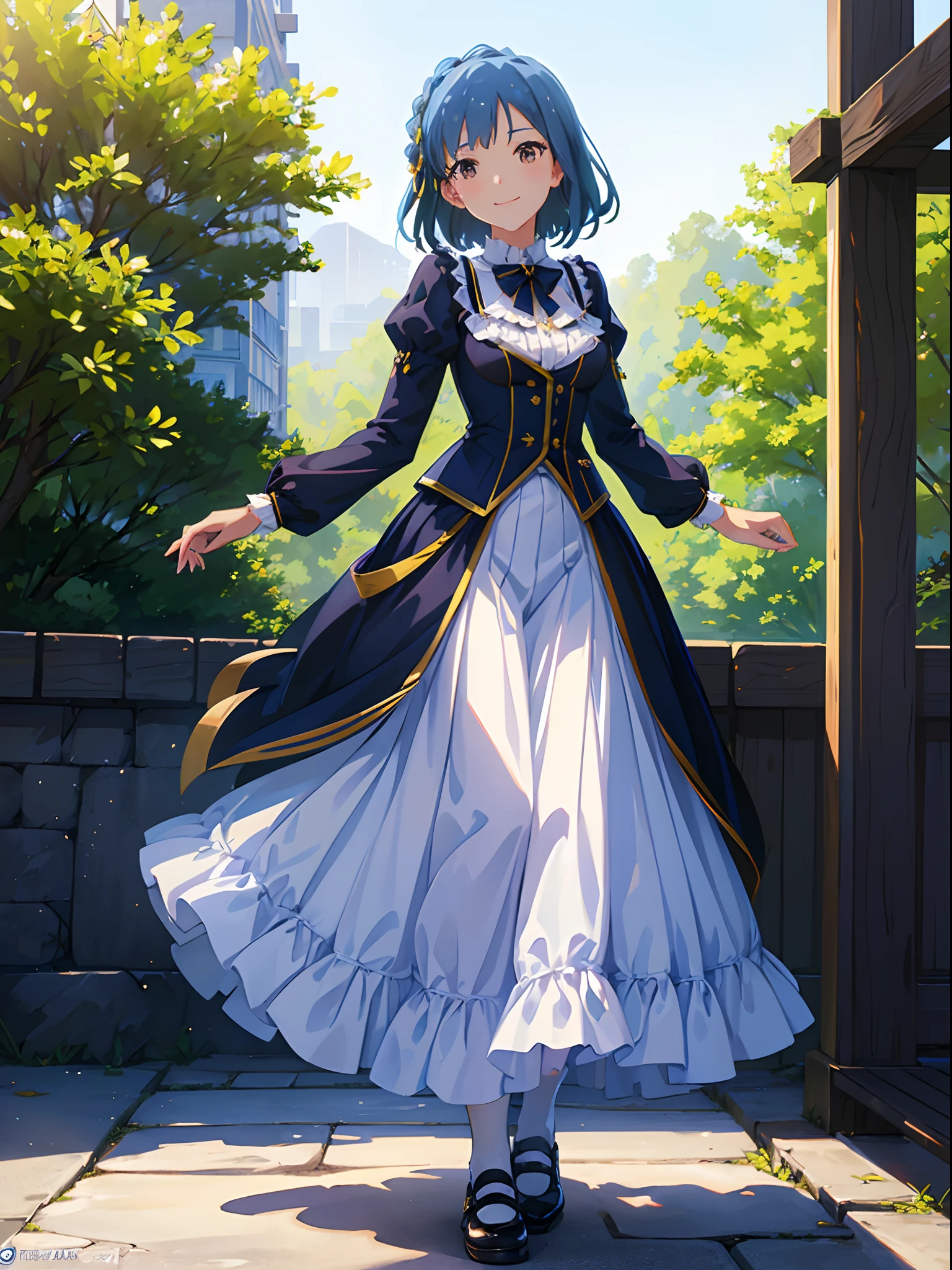 yuriko nanao (million live), 1 girl, Solo, Best Quality, masutepiece, 8K, High resolution, Ultra-detailed, standing near the statue, smile, (frilled blouse, white blouse, long sleeves, long skirt, white socks, black footwear,) (((outdoor, city,)))