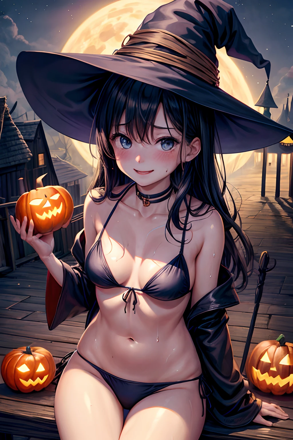 lighting like a movie、top-quality、Witch Bikini、small tits、Halloweentown at night、Holding a witch's wand、wearing witch hat、A smile、Perched on the road、full of sweat、Wearing sweat、