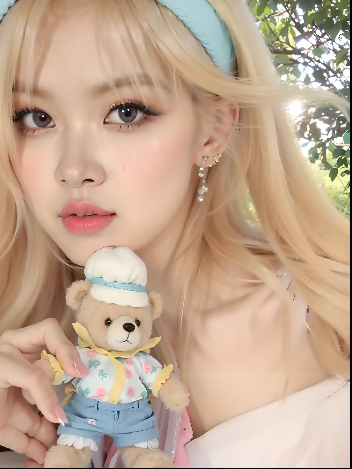 Blond haired girl with a blue headband holding a teddy bear, Lalisa Manobal, linda Delphine, Lalisa Manoban do Blackpink, Ulzzang, kawaii retrato realista, boneca articulada da bola, Parque Roseanne do Blackpink, Menina anime na vida real, ultrarrealista doce coelhinho menina, Guweiz, Sakimichan, cara de boneca, boneca barbie anime