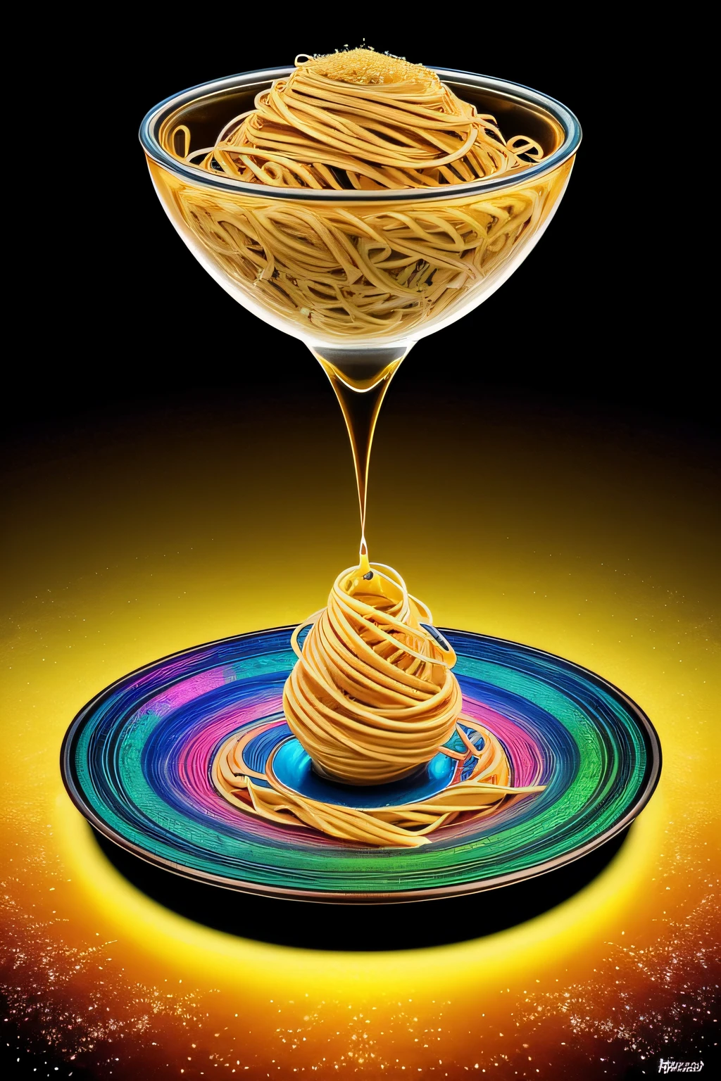 A plate of pasta seasoned with atoms, depicted in digital illustration, inspired by Salvador Dali. The surreal scene features melting pasta with iridescent hues, floating in a dreamlike cosmic void. Color temperature: Otherworldly, facial expressions: Surreal, lighting: Ethereal, atmosphere: Hypnotic. --v 5 --stylize 1000