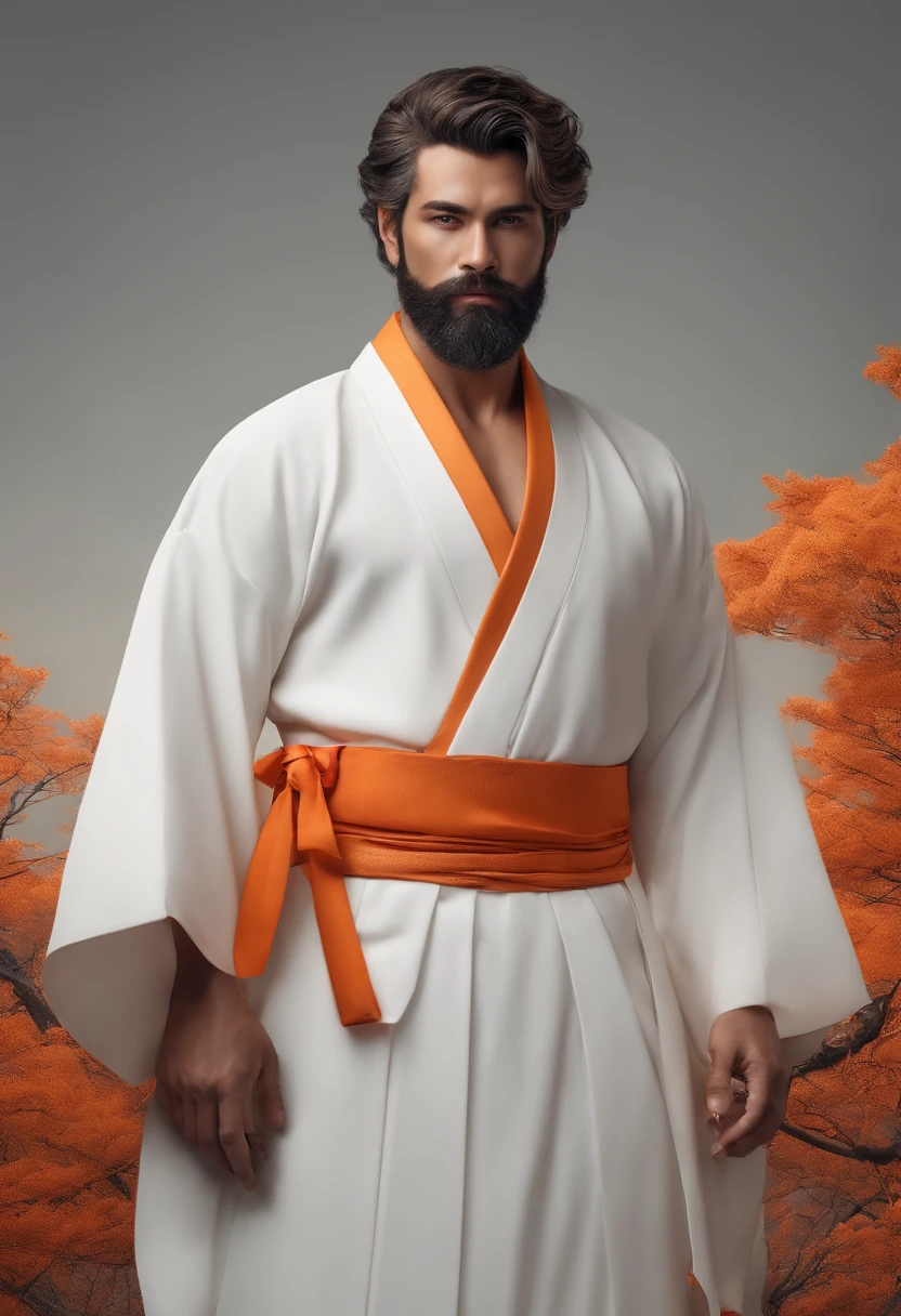 A very high quality design (8K) de um homem branco, alto, magro, barba e cabelo por fazer vestido de kimono com a faixa laranja.