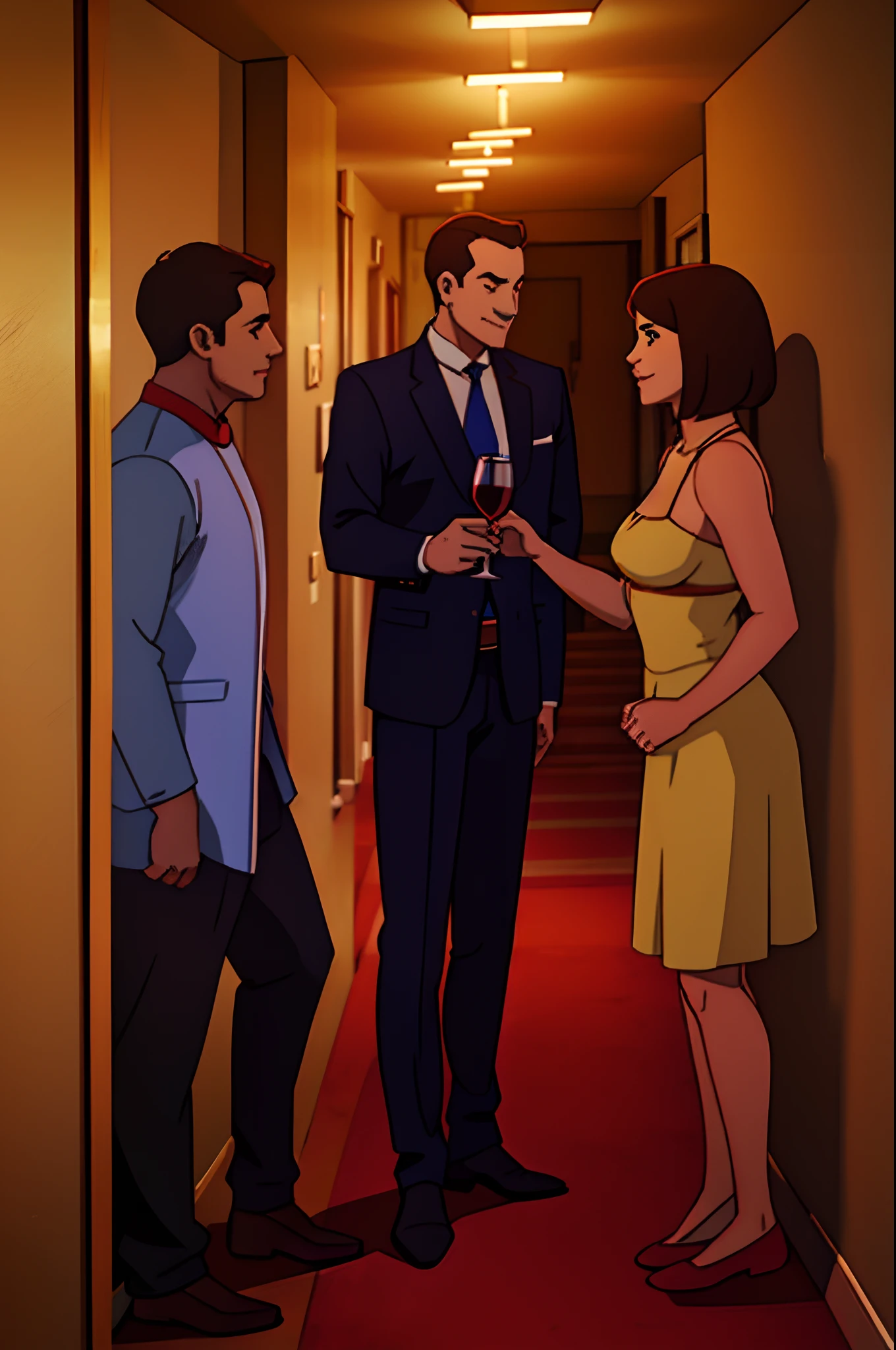 3 happy guys with wine in hands in party, stand in hallway, they talk together, stand side a wall, men and girl