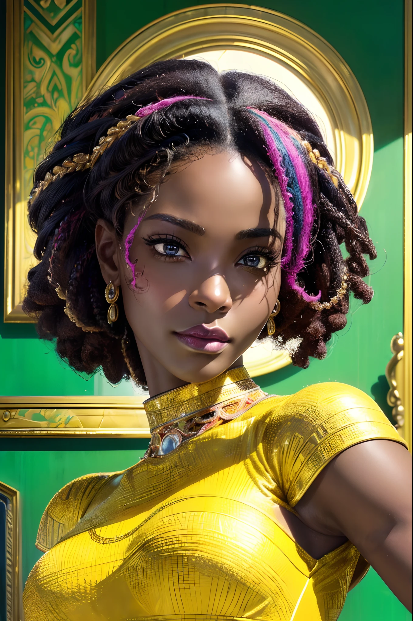 (best quality,4k,8k,highres,masterpiece:1.2),ultra-detailed,(art,cartoon color:1.37), HDR, linhas grossas, portraits, African American woman, dark skin, elegant pose, sensual, beautiful curves, intricate details, elaborate hairstyle, strong facial features, mesmerizing eyes, full lips, smooth skin, high contrast, dramatic lighting, vibrant colors