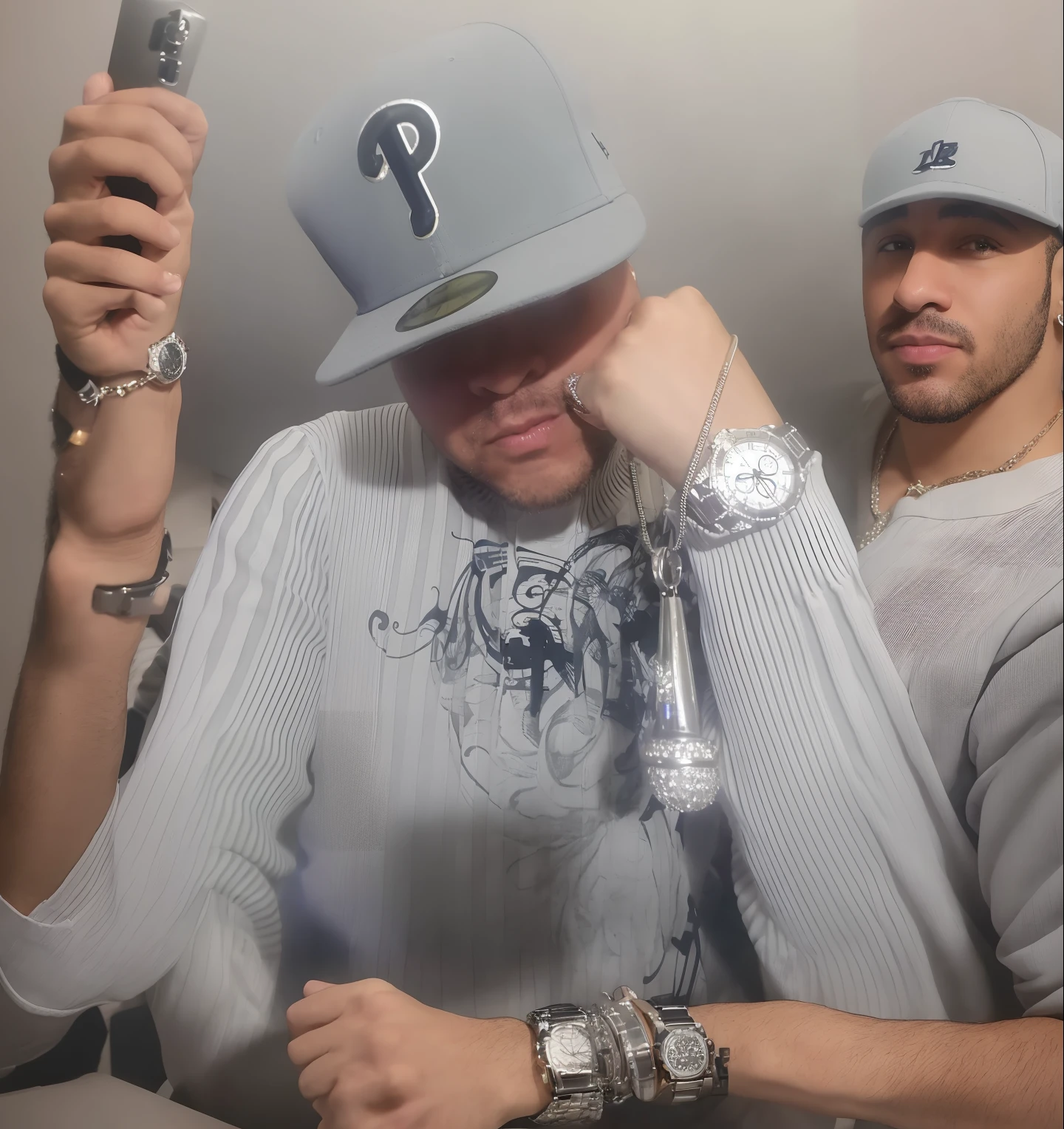 Arafed man wearing a baseball cap and a watch, Masterpice, imagem de qualidade muito baixa, usando um parker, Ensaio Promocional, joias do rapper bling, Foto do perfil 1024px, taken in the early 2020s, Foto de um ensaio promocional, Foto do perfil, usando faixa presidencial, rap bling ((complete arms))
