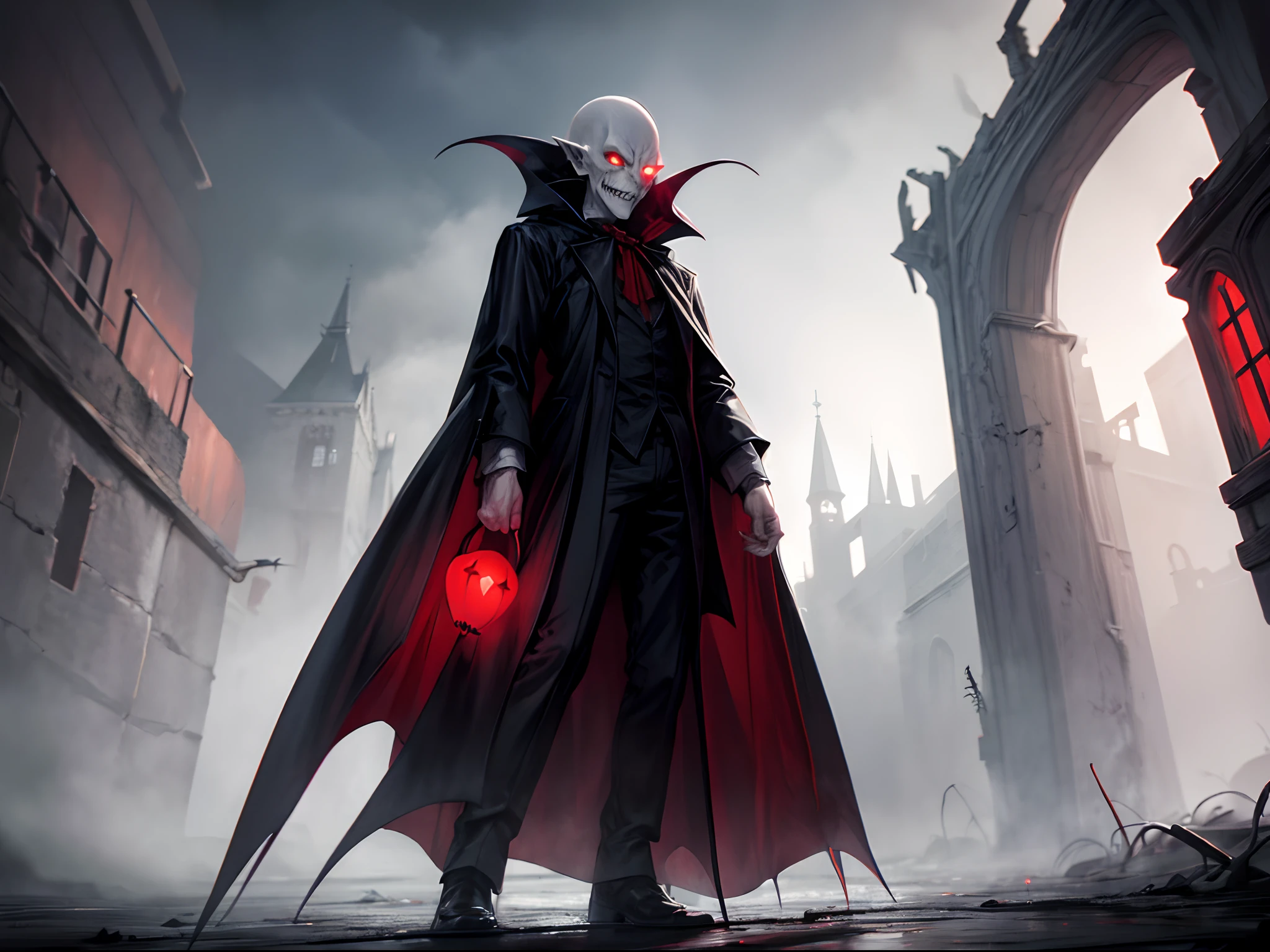 Nosferatu, cold, evil grin, long nails, red eyes, standing in dark alley, little fog, holding a single red balloon