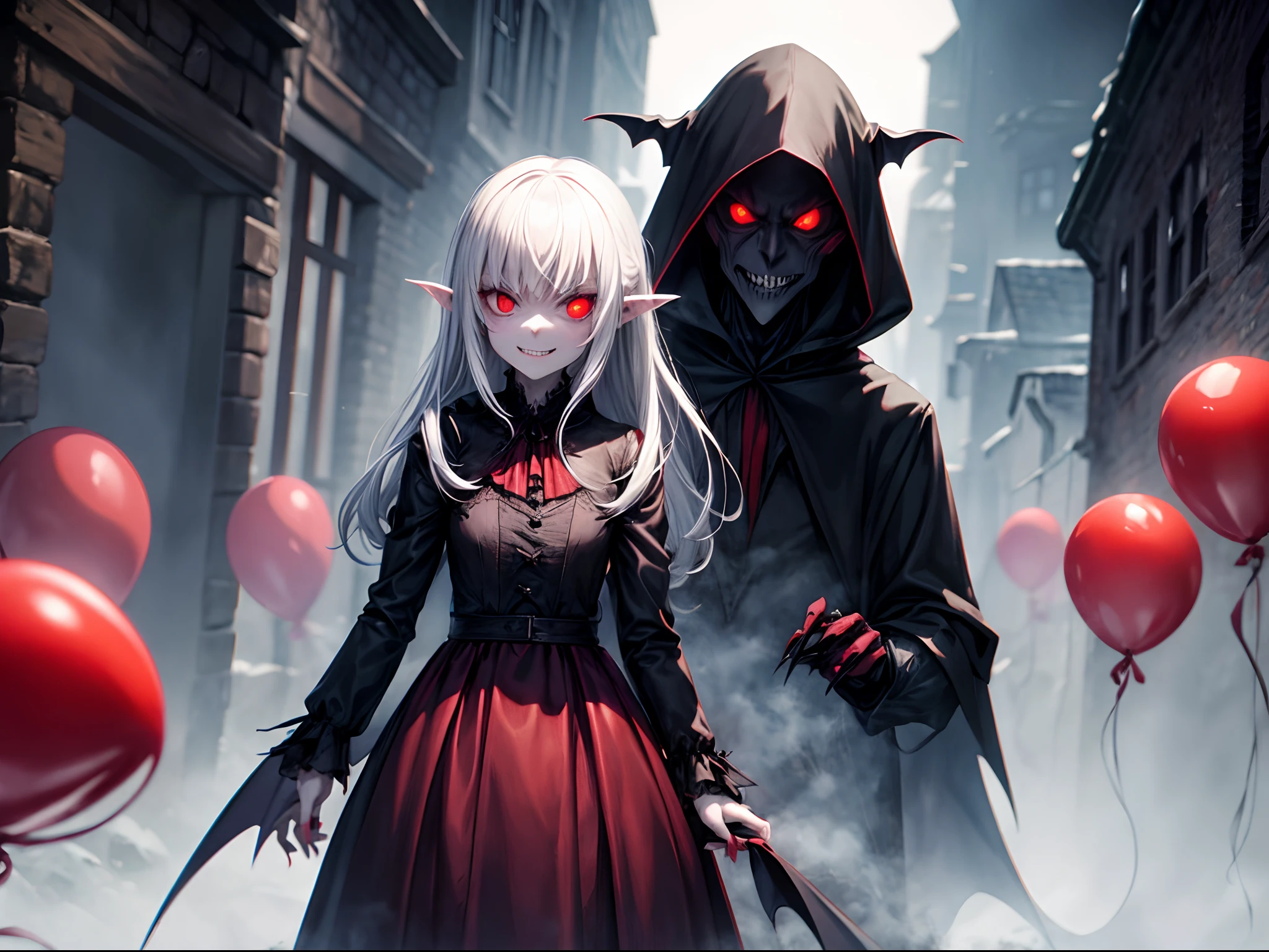 Nosferatu, cold, evil grin, long nails, red eyes, standing in dark alley, little fog, holding a single red balloon