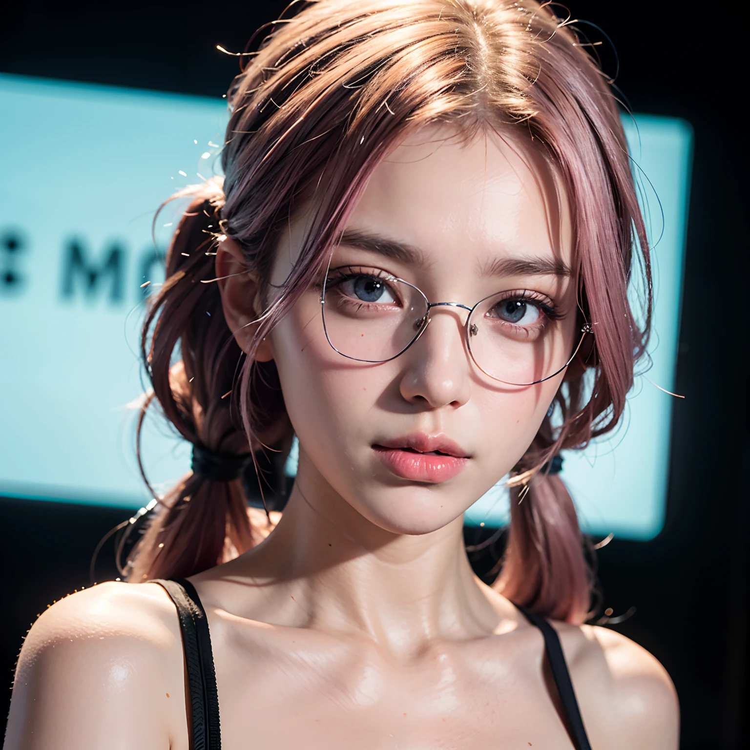 ((Girls at idle level)), masterpiece, The highest image quality, ultra-detailliert, (perfectbody:1.3), (Perfect face+eye glass+dishevled hair+pony tail hair), Close up of, Viewer's Perspective, She bent and lowered her body to match the gaze of the audience。detailed hairs,ssmile、Detailed eyes(realisticeyes),profetional lighting,Beautiful breasts,(Pink ash hair color)
