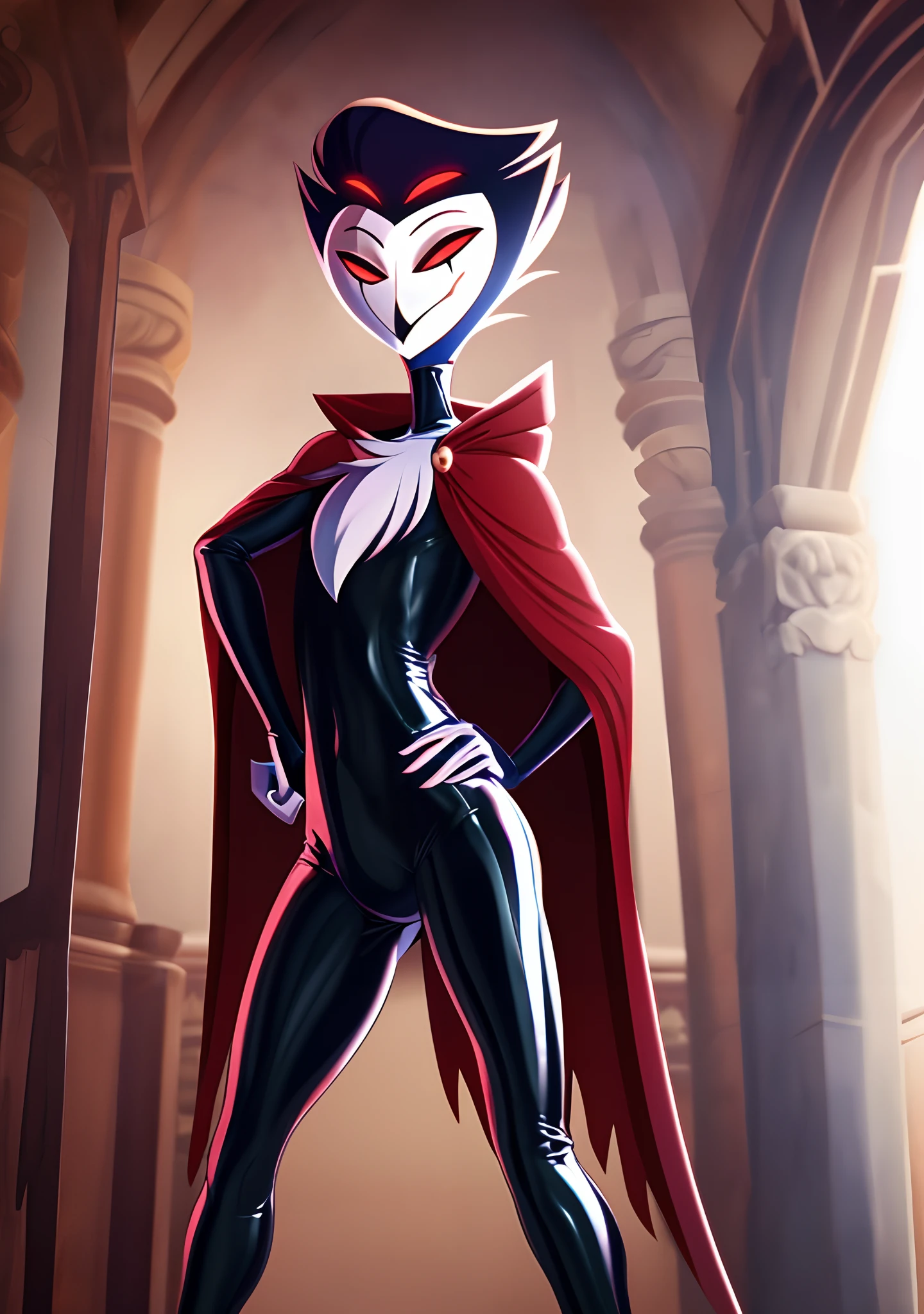 tanraak (style), ((masterpiece)), ((8k quality)), (no watermark), stolas, male, mouth closed, detailed bedroom, standing, one hand on his hip, other hand at his side, (solo:1.4), sleek, spandex suit, royal red latex cloak