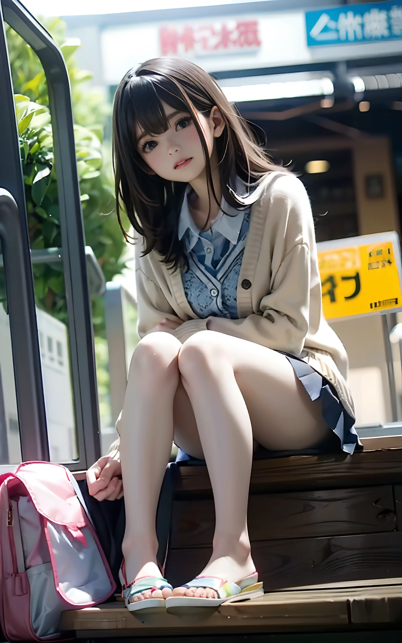 Cardigan、micromini skirt、I fell and my pants were exposed、beauty legs、Embarrassed face