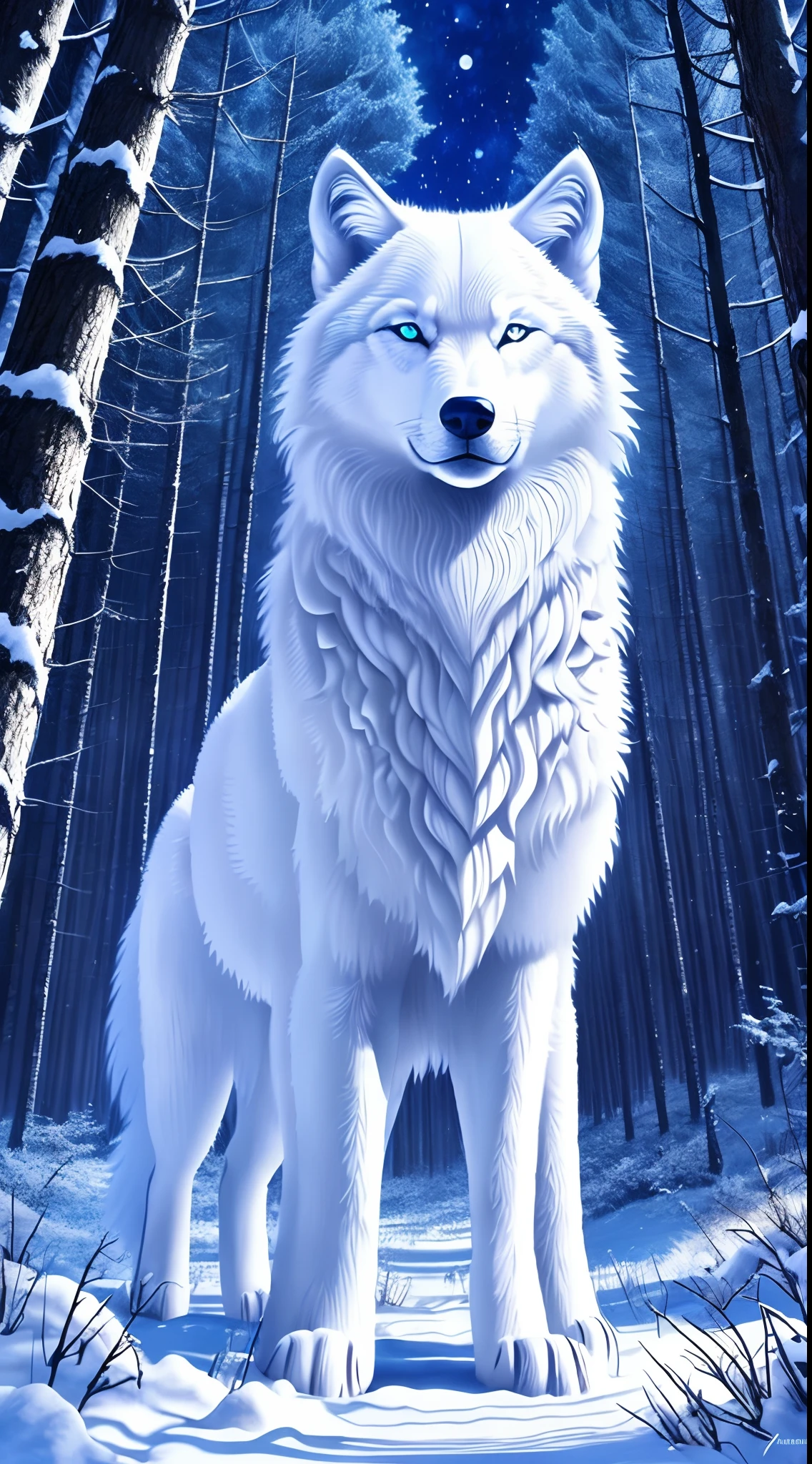 The most beautiful and enchanted wolf spirit, white fur, glowing blue eyes, in the most beautiful enchanted forest, highly detailed, perfect masterpiece, high quality, high resolution, one white wolf