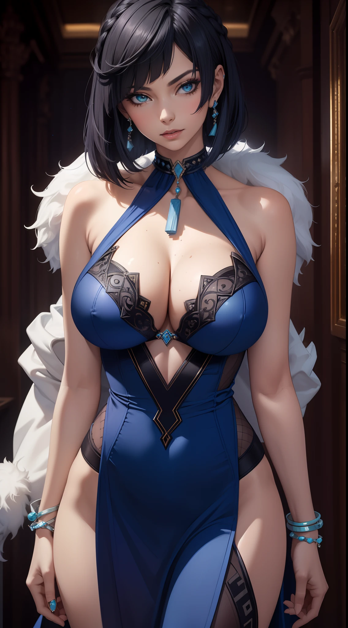 Best quality, masterpiece, realistic, Beautiful sexy cool tall, slim, fit woman, wearing sexy short fancy silver-blue sequin party dress, intricate and highly detailed, big breasts, deep cleavage, bob black hair, body chain, jewelry.