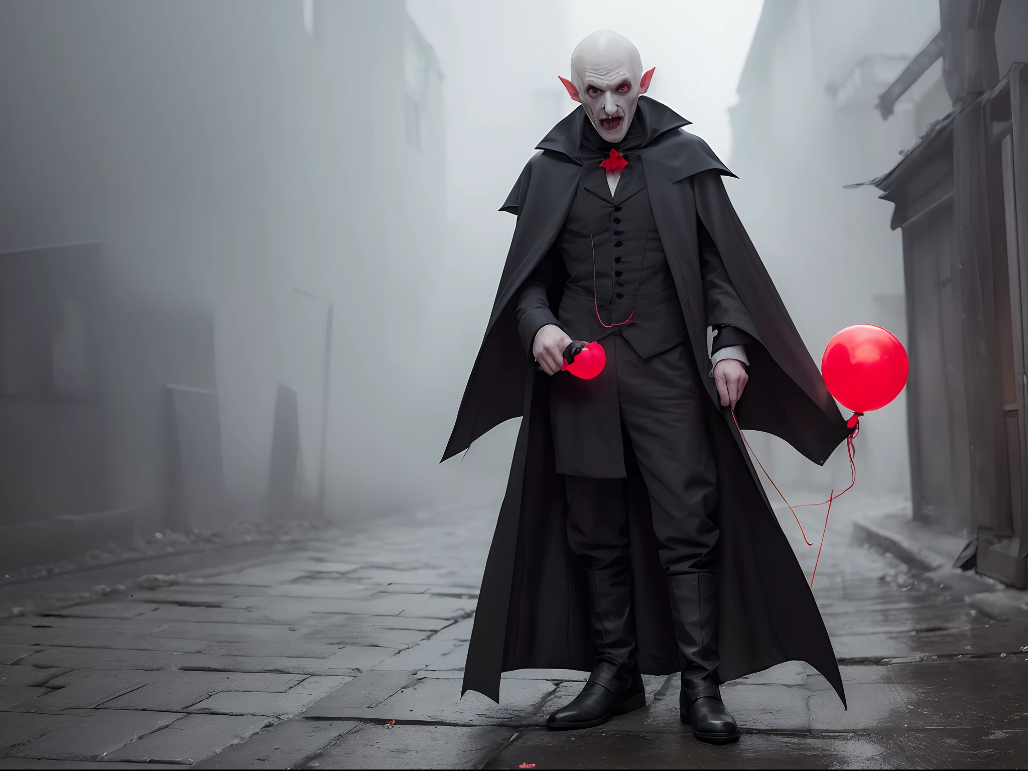Nosferatu, cold, evil grin, long nails, red eyes, standing in dark alley, little fog, holding a single red balloon on a string, (full body:1.5)