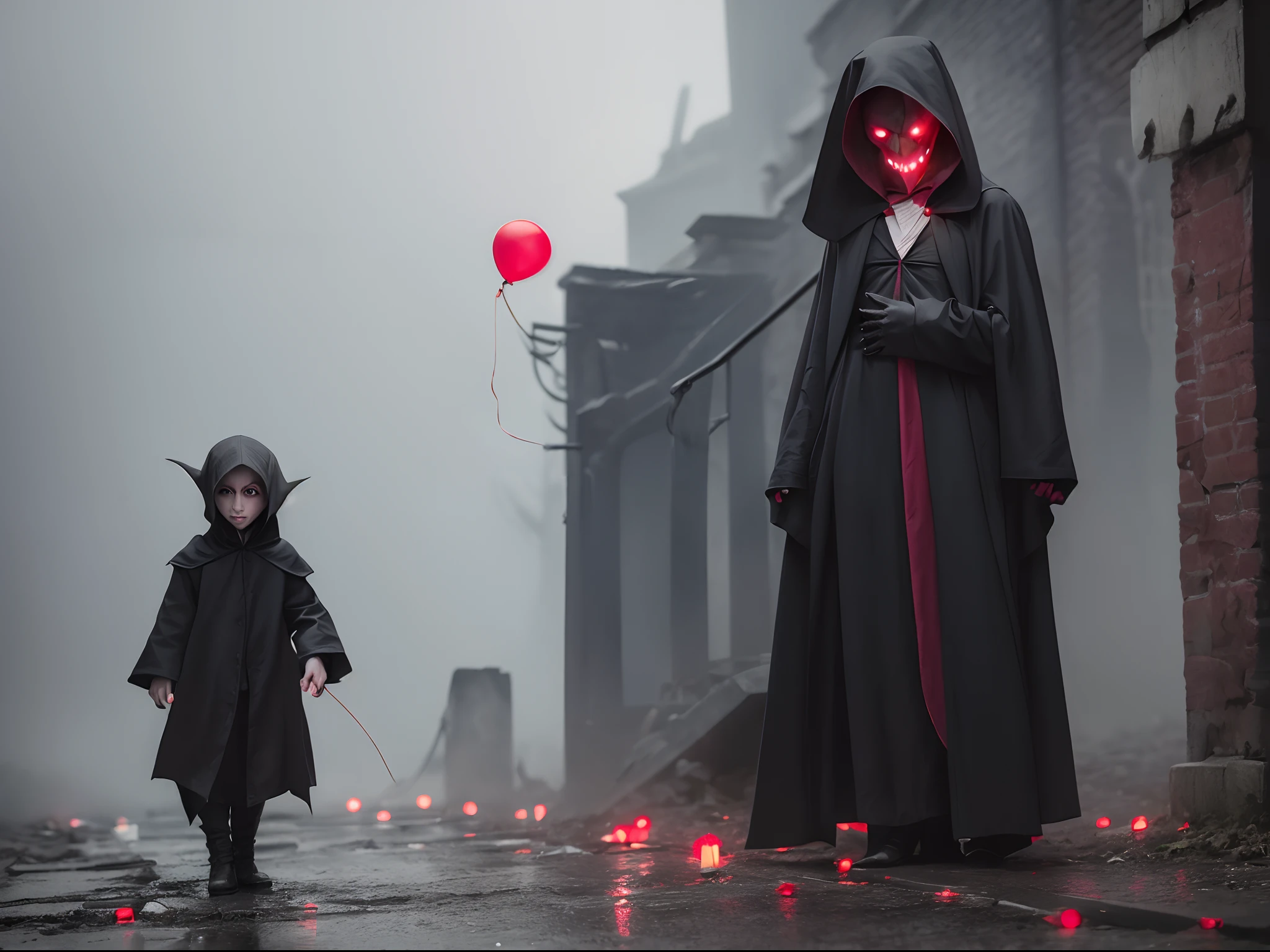 Nosferatu, cold, evil grin, long nails, red eyes, standing in dark alley, little fog, holding a single red balloon on a string, (full body:1.5)