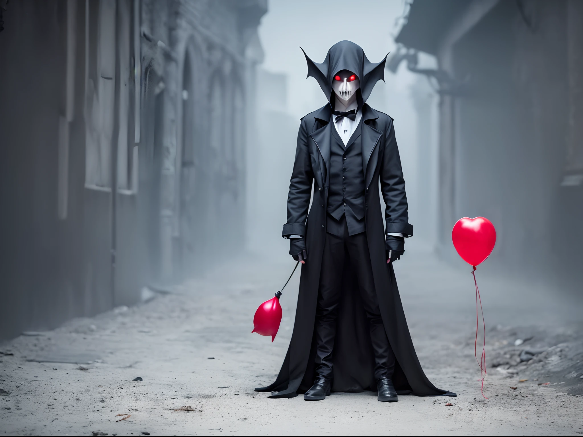 Nosferatu, cold, evil grin, long nails, red eyes, standing in dark alley, little fog, holding a single red balloon on a string, (full body:1.5)