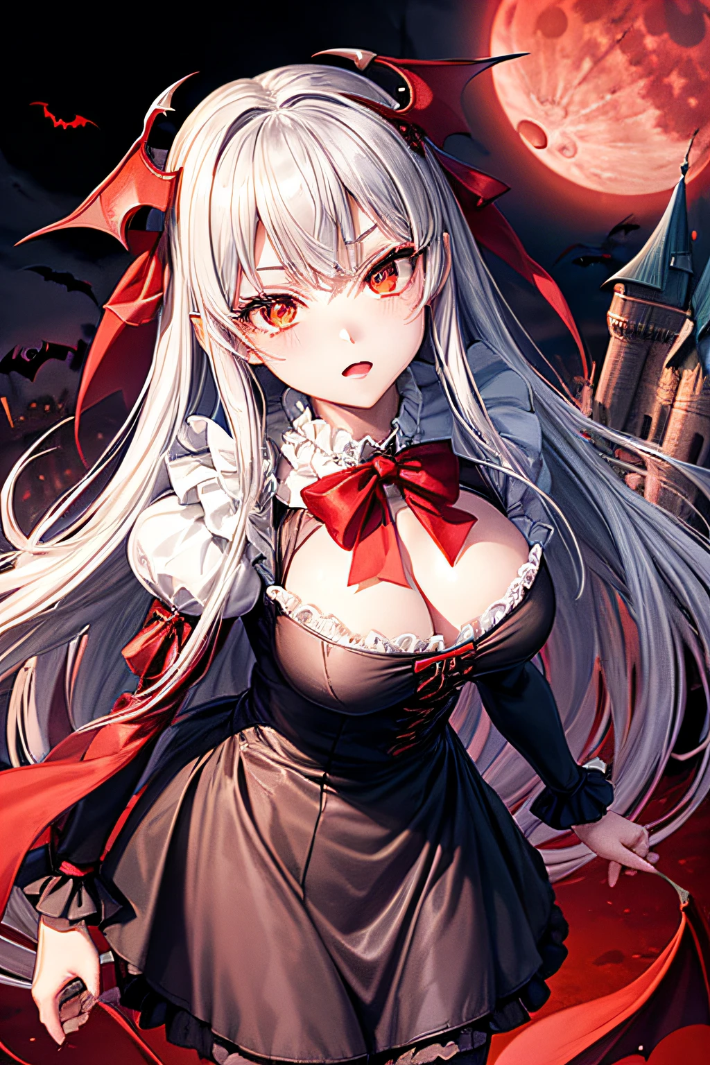 ((worst quality, low-quality)), ((Vampire Girl)), Solo, ((Big breasts)), ((Long silver hair)), Hair over one eye, plump shiny lips, Beautiful clear eyes, Spoken Heart, ((Dracula)), vampire, Gothic ta, fishnet tights, embarrassed, Leaning forward, White Ghost, (((the bats))), (Suspicious light, Red Moon Light:1.4), (( Moon with a red background,old castle:1.3)), high-angle shot, masutepiece,Best Quality,ultra-detailliert,
