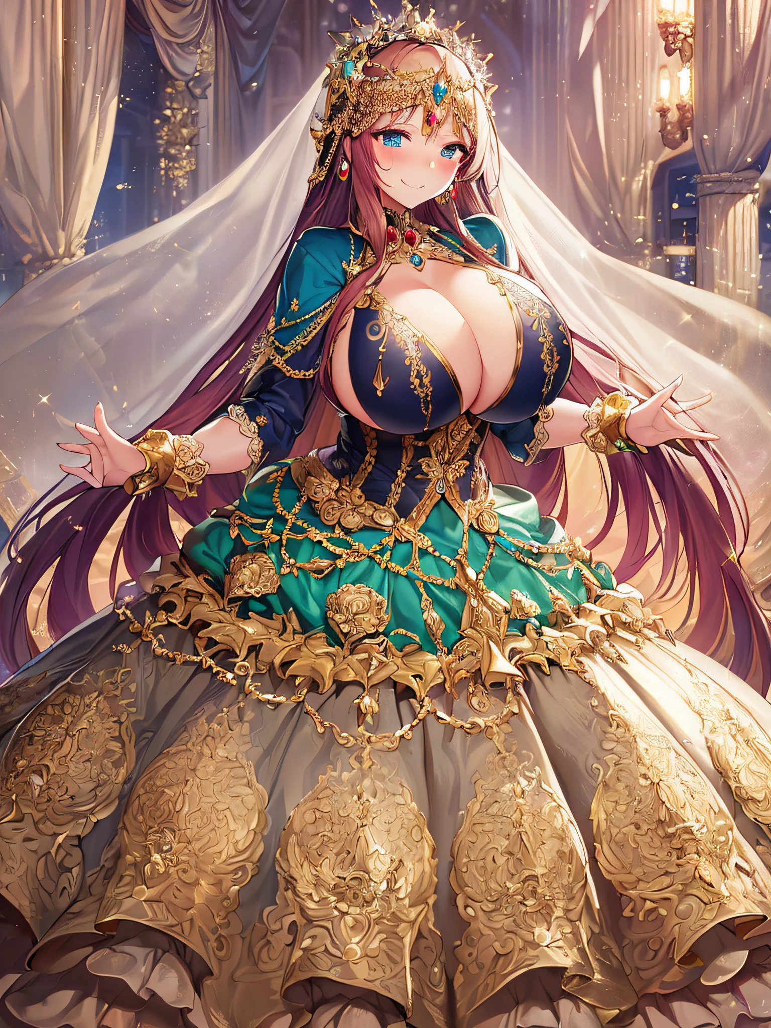 ((Anime Art Style)),(masutepiece),(Best Quality), (Super Detail),((Very delicate and beautiful)),((Full body portrait)),((Stand in the garden)),((Solo)),(((One princess in Gorgeous embroidery and jeweled very gorgeous princess Rococo ballgown with voluminous full length hoop skirt))),(enormous Crinoline Hoop Skirt),Long Train,Gorgeous embroidery and jewelry,(((very very gigantic boobs,Skindentation))),((large amount of straight hair,extremely voluminous Hair,Very Long Straight Hair)),(finely detailed face and eyes),((Seductive smile,embarrassed)),(extremely gorgeousfull hair ornament,very gorgeous tiara adorned with bling-bling jewels),Glitter Gorgeous Gemstone Jewelry,Gorgeous Long Veil,(opera gloves),(Beautiful background),(Full body),((Gorgeous embroidery and jeweled gorgeous princess Rococo ballgown with voluminous full length hoop skirt)),
