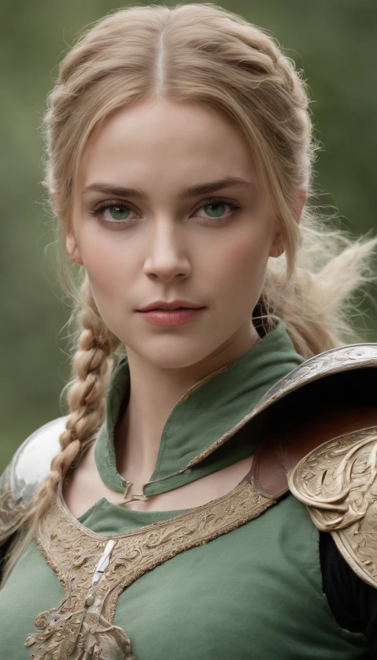 ( 8K, awardwinning, Best Quality), High Definition, Super Detail, high detailing, Anatomically correct, Perfect illustration, white woman, blond, green eyes, 190 cm, cute face, double pony tails, wearing chain armor, sword and shield in hand