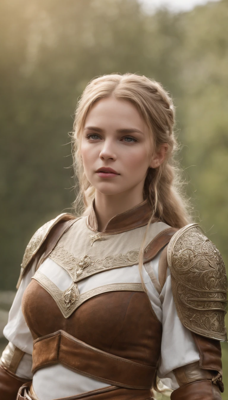( 8K, awardwinning, Best Quality), High Definition, Super Detail, high detailing, Anatomically correct, Perfect illustration, white woman, blond, green eyes, 190 cm, cute face, double pony tails, wearing chain armor, sword and shield in hand