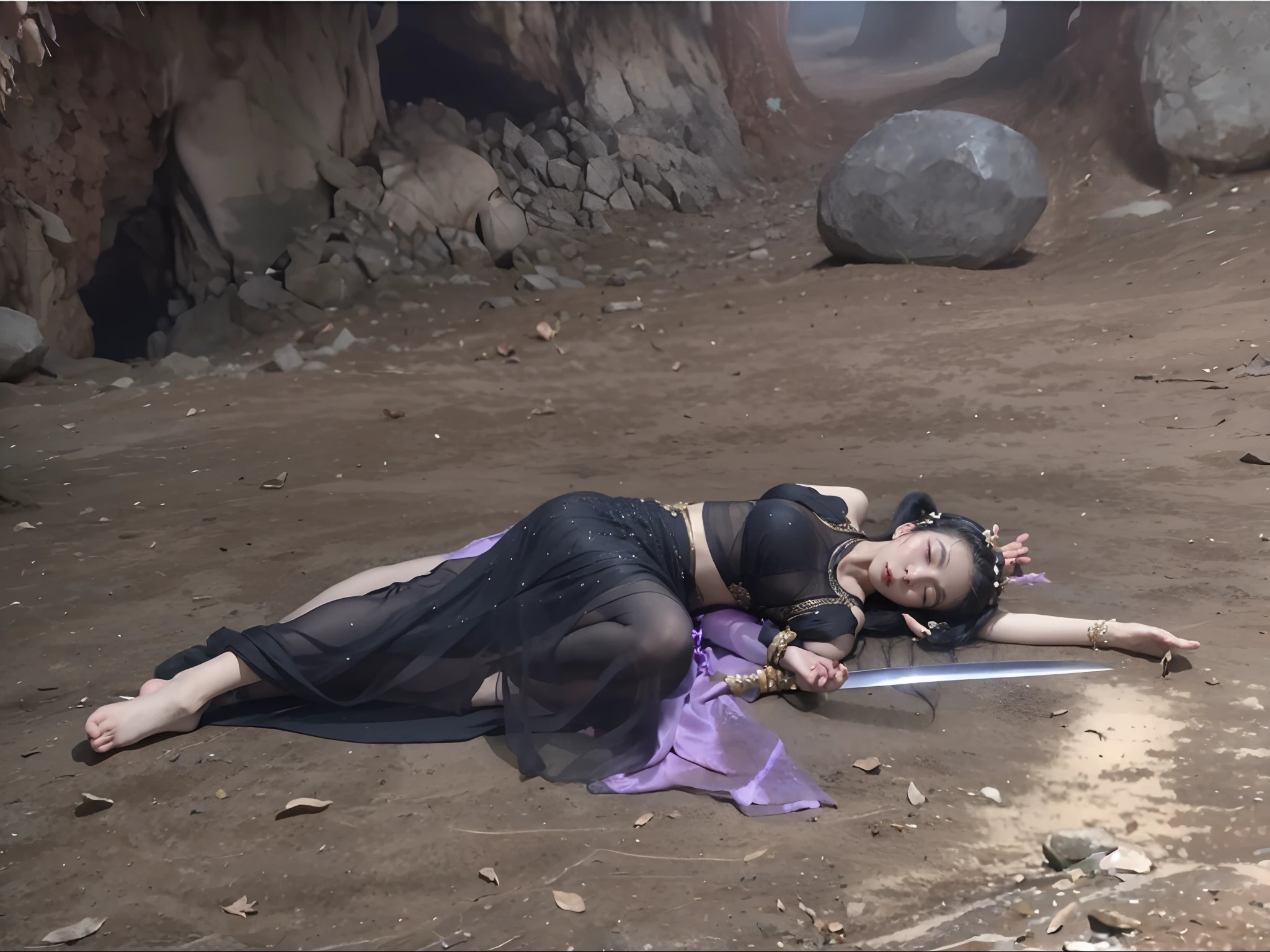 There is a slain Asian succubus lying on the ground with a sword, Wearing a black belly dance costume,She lay on her side, fantasy movie still, Dead succubus, With his eyes closed, Li Tang hairstyle,full-body wuxia, Big chest,cropped shoulders,open waist,Bare chest,show legs,heavy makeups,Enchanting seduction。Journey,long fingernails,lying on the ground, movie screencap,Lie outside the cave, full-body xianxia,!!!!
