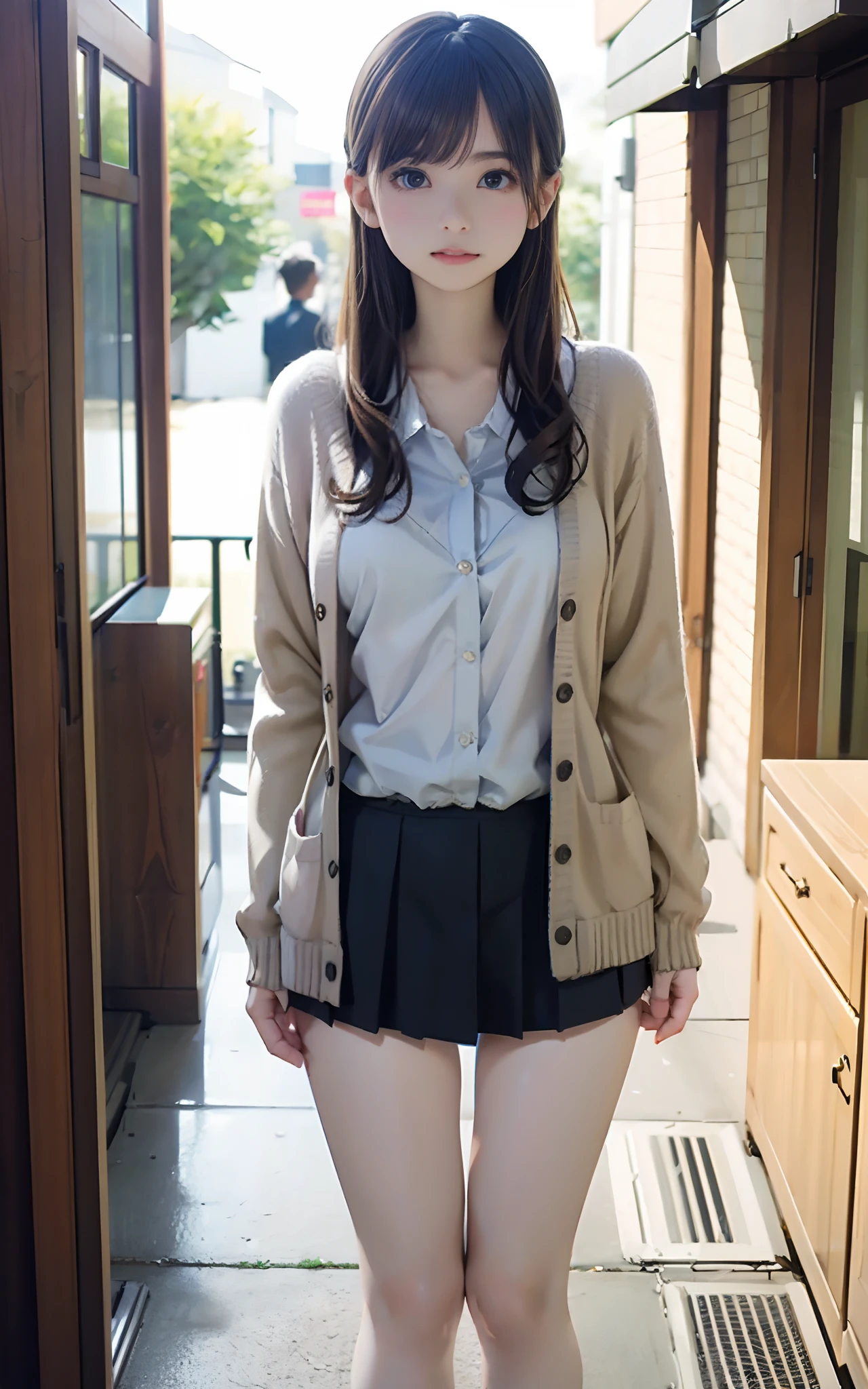 Cardigan、micromini skirt、I fell and my pants were exposed、beauty legs、Embarrassed face