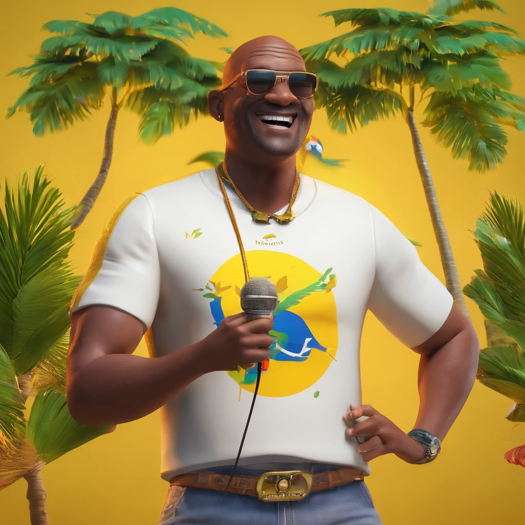 /Imagine uma gordura, Bald black man without beard singing samba with a Brazilian tropical t-shirt and a microphone in his hand