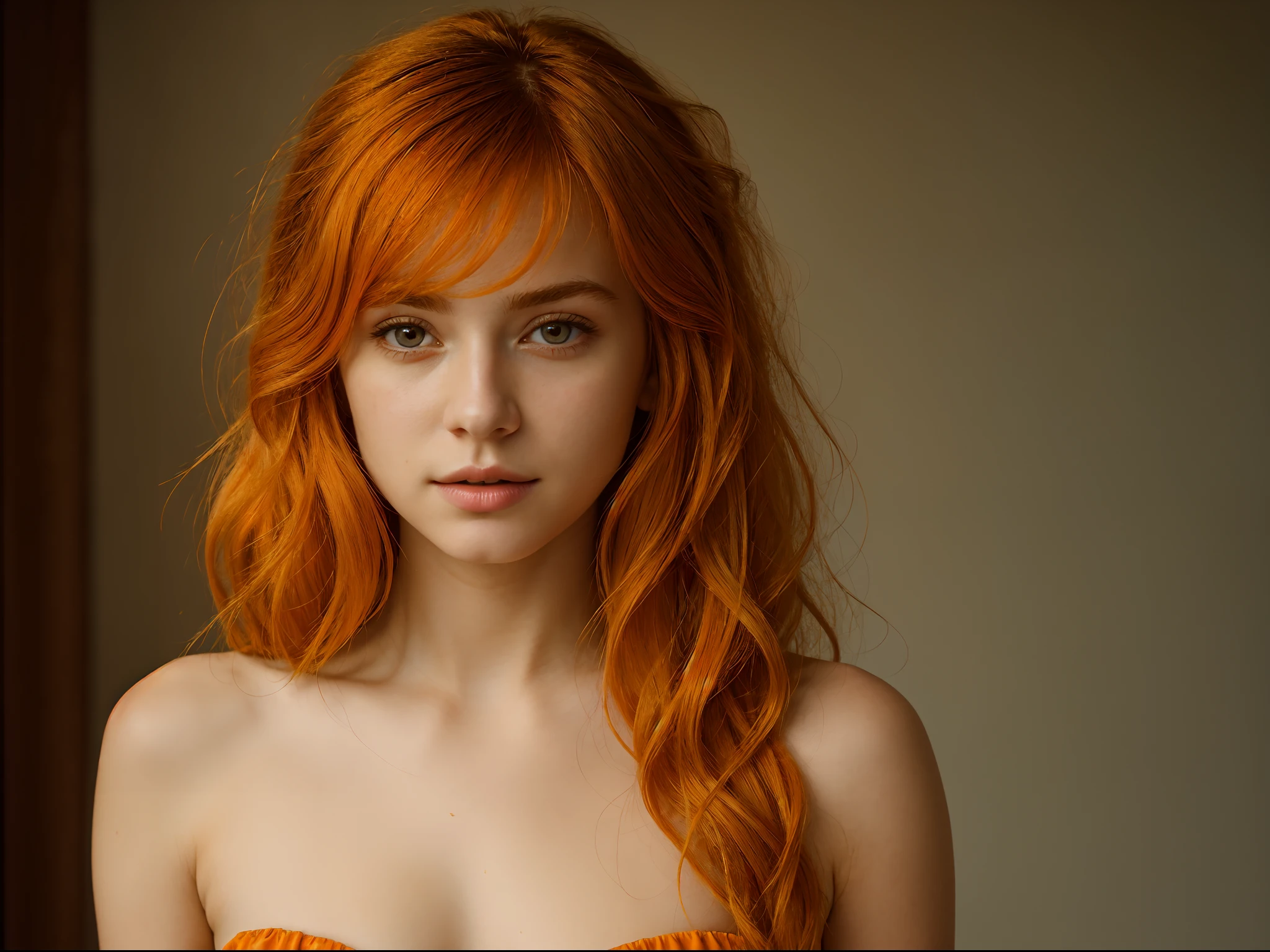 (((masterpiece))), girl 22 year old) (((Caucasian))) french girl with shoulder length messy hair, she is petite, best quality, illustration, 4K wallpaper, cinematic light, Absurdres, protrait of 1girl, orange crystal hair, glow hair, bloom hair, clothing princess, looking front
