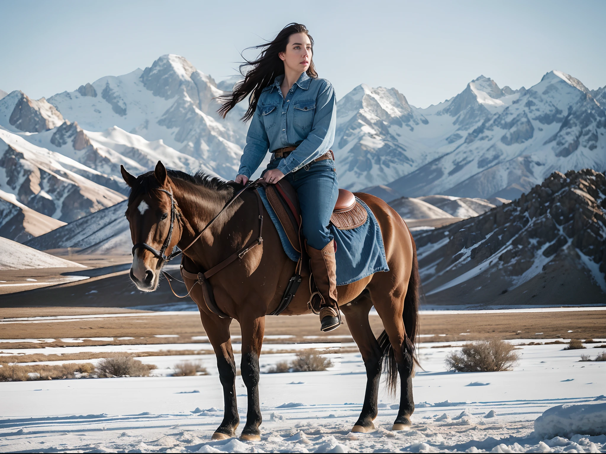 Frame by Angela White (25 years old) | wearing female cowboy clothes (jeans, plaid shirt, boots) ((loose and silky hair, piercing blue eyes, skin texture, enigmatic countenance, divine proportion)) | riding a mustang horse | local Alabama Hills ((mountain with snow in the background)) | natural light, rays of god, cinematic quality, cinema frame, cinematographic filters ((Arri Alexa 35 8k))