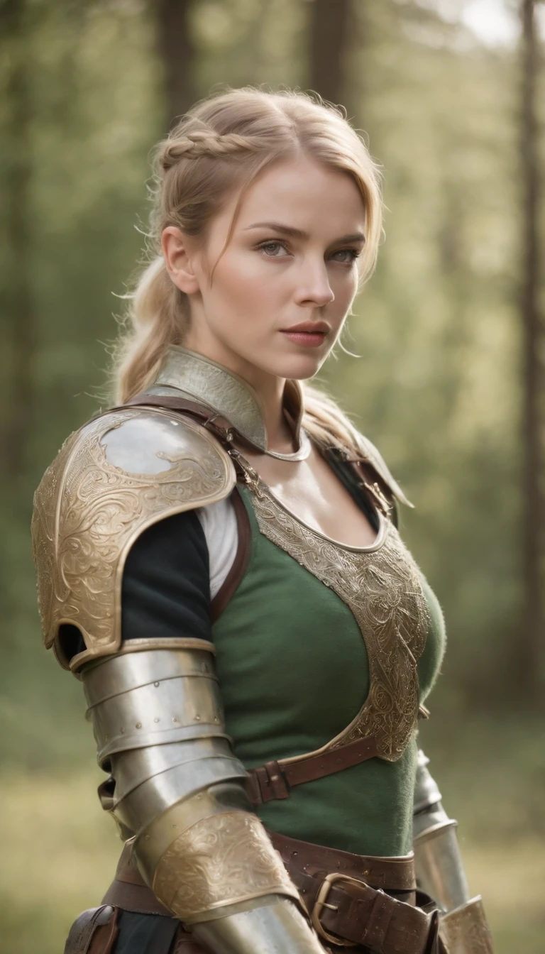 white woman, blond, green eyes, 190 cm, cute face, double pony tails, wearing full body chain armor, sword and shield in hand