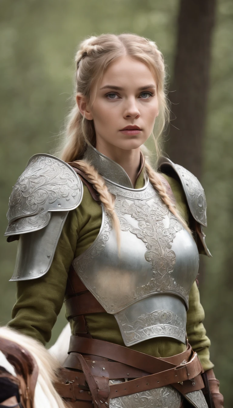 white woman, blond, green eyes, 190 cm, cute face, double pony tails, wearing full body chain armor, sword and shield in hand