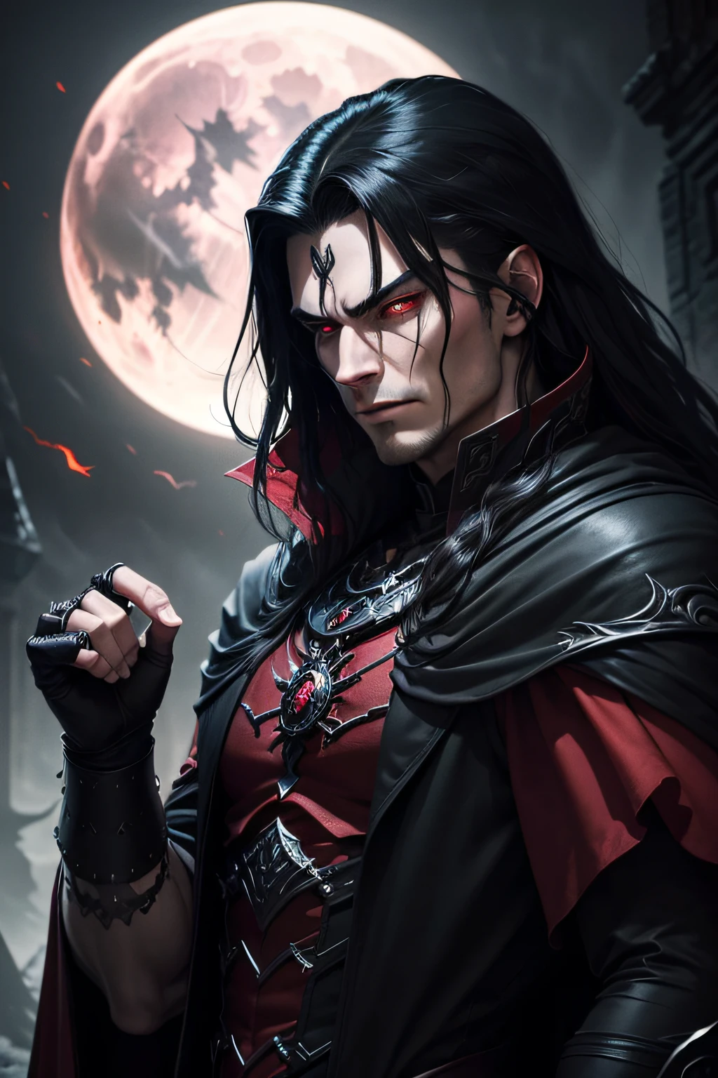 dark muscular male evil lord with long black hair wearing black and red cloak screaming inside his castle with his hands on his face, pain, screams, fear, scared