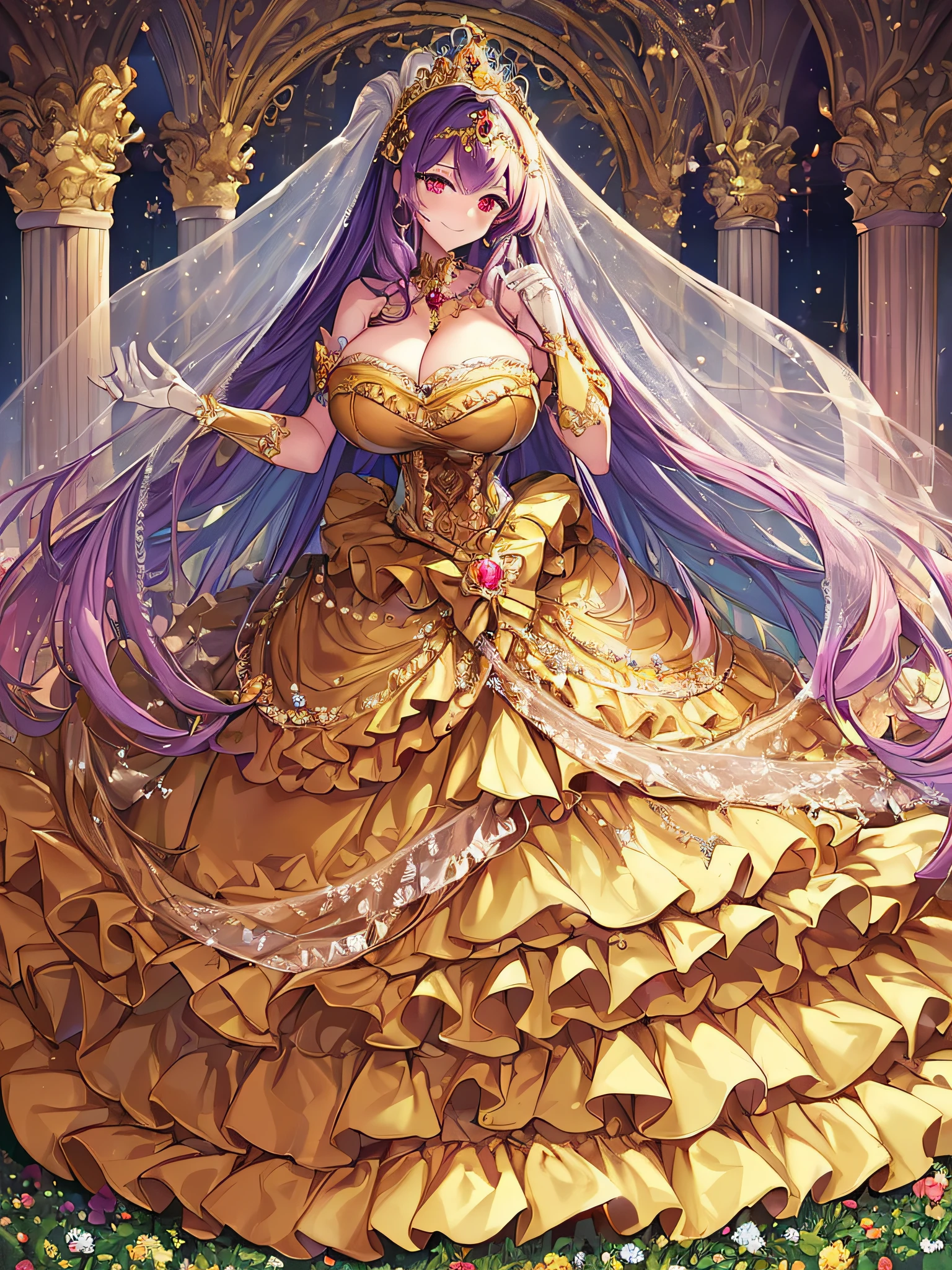 ((Anime Art Style)),(masutepiece),(Best Quality), (Super Detail),((Very delicate and beautiful)),((Full body portrait)),((Stand in the garden)),((Solo)),(((One princess in very gorgeous princess Rococo ballgown with voluminous full length hoop skirt))),(enormous Crinoline Hoop Skirt),Long Train,Gorgeous embroidery and jewelry,(((very very gigantic boobs,Skindentation))),((large amount of straight hair,extremely voluminous Hair,Very Long Straight Hair)),(finely detailed face and eyes),((Seductive smile,embarrassed)),(extremely gorgeousfull hair ornament,very gorgeous tiara adorned with bling-bling jewels),Glitter Gorgeous Gemstone Jewelry,Gorgeous Long Veil,(opera gloves),(Beautiful background),(Full body),((gorgeous princess Rococo ballgown with voluminous full length hoop skirt)),