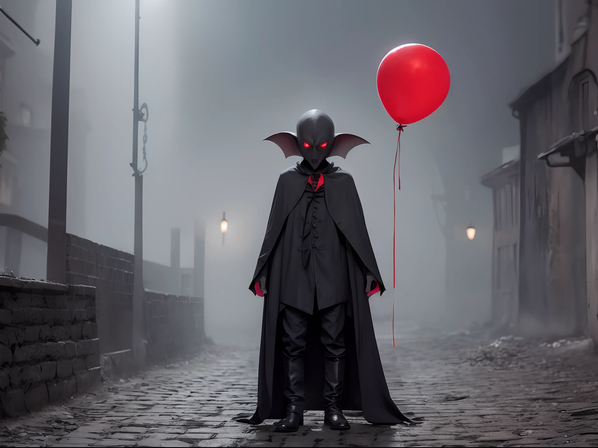 Nosferatu, cold, evil grin, long nails, red eyes, standing in dark alley, little fog, holding a single red balloon floating above his head, (full body:1.5)