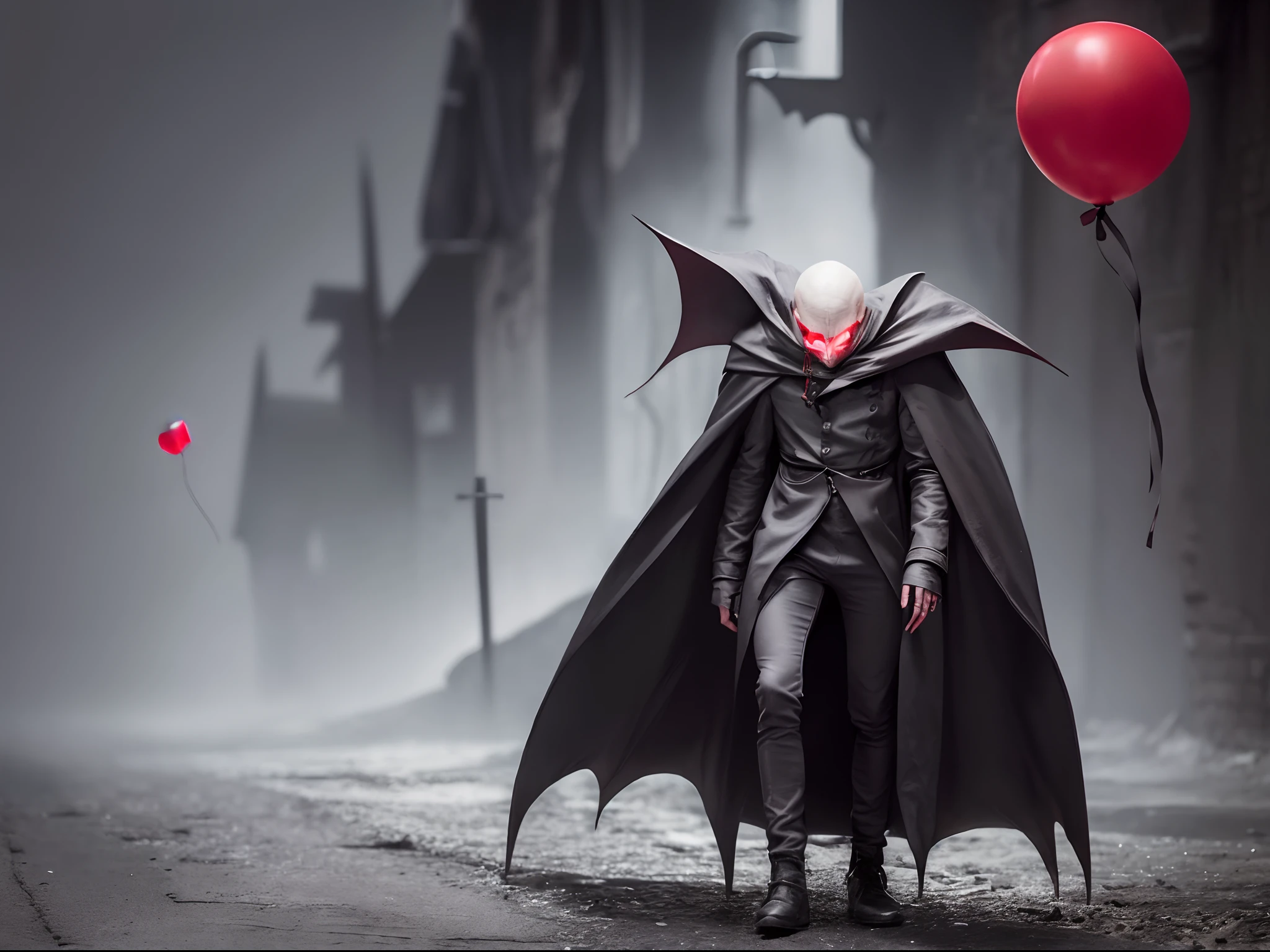 Nosferatu, cold, evil grin, long nails, red eyes, standing in dark alley, little fog, holding a single red balloon floating above his head, (full body:1.5)