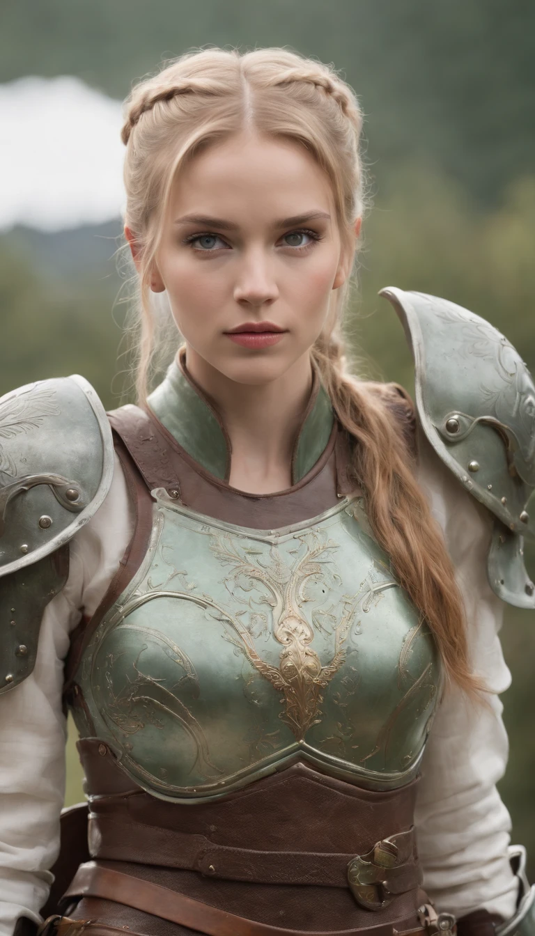 white woman, blond, green eyes, 190 cm, cute face, double pony tails, strong physique, wearing full body chain armor, sword and shield in hand
