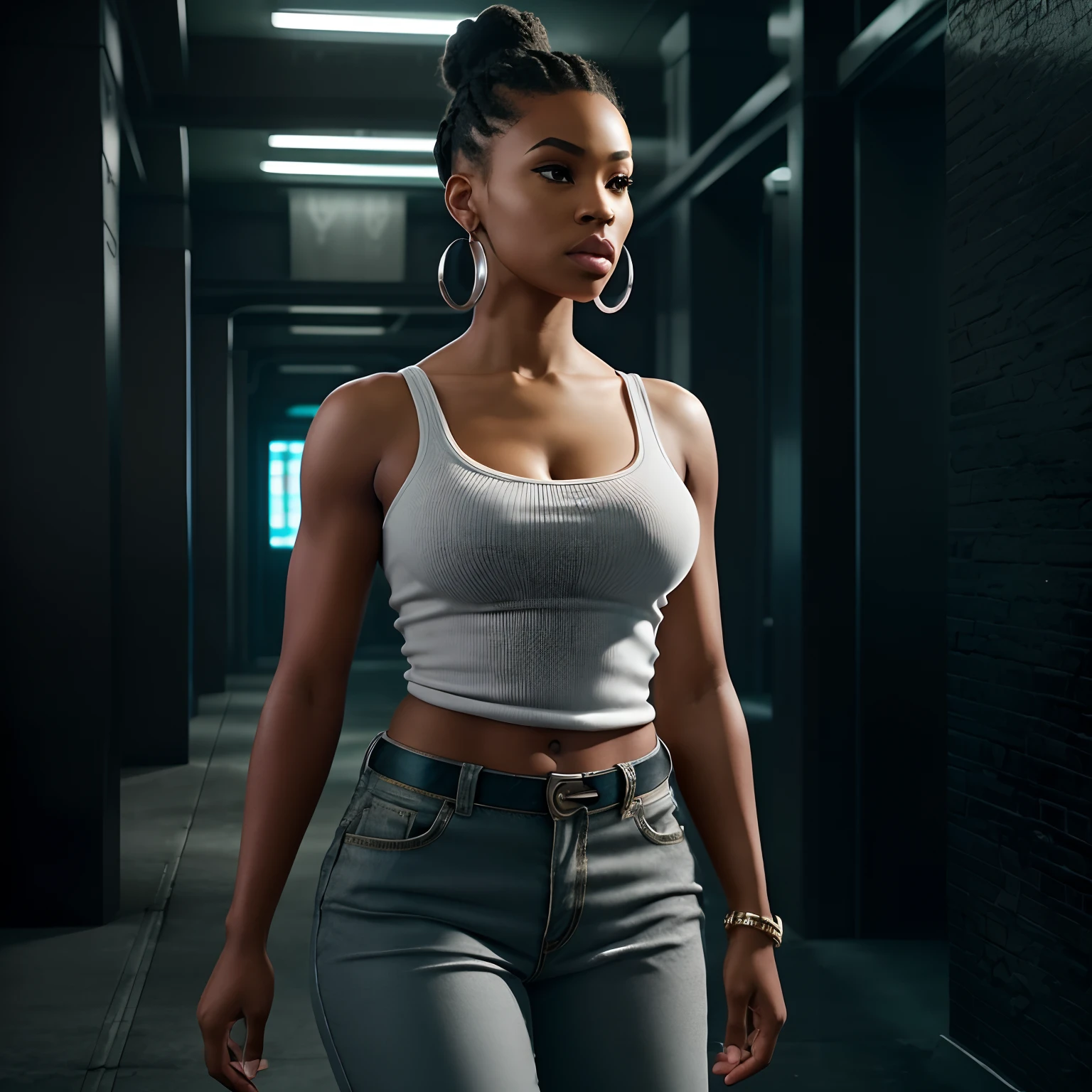 Light-skinned African American women with high bun and medium build wearing silver hoop earrings, Camisa recortada, Pantalones y tacones rosas ajustados con una escena de brazo tatuada Gotham City, futuro lejano