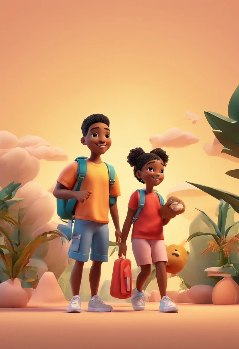 A family in cartoon style carrying backpacks on vacation with happy smiles, Palmeiras, Front view, fundo branco todo, design de streetwear, vetor pro, Apenas 10 cores, solid colours, sem sombras, design completo, cores frias, etiqueta, cores brilhantes