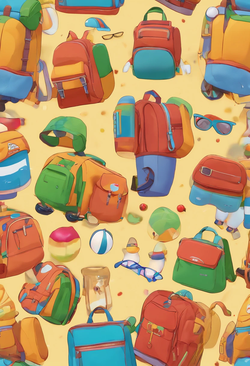 A family in cartoon style carrying backpacks on vacation with happy smiles, Palmeiras, Front view, fundo branco todo, design de streetwear, vetor pro, Apenas 10 cores, solid colours, sem sombras, design completo, cores frias, etiqueta, cores brilhantes
