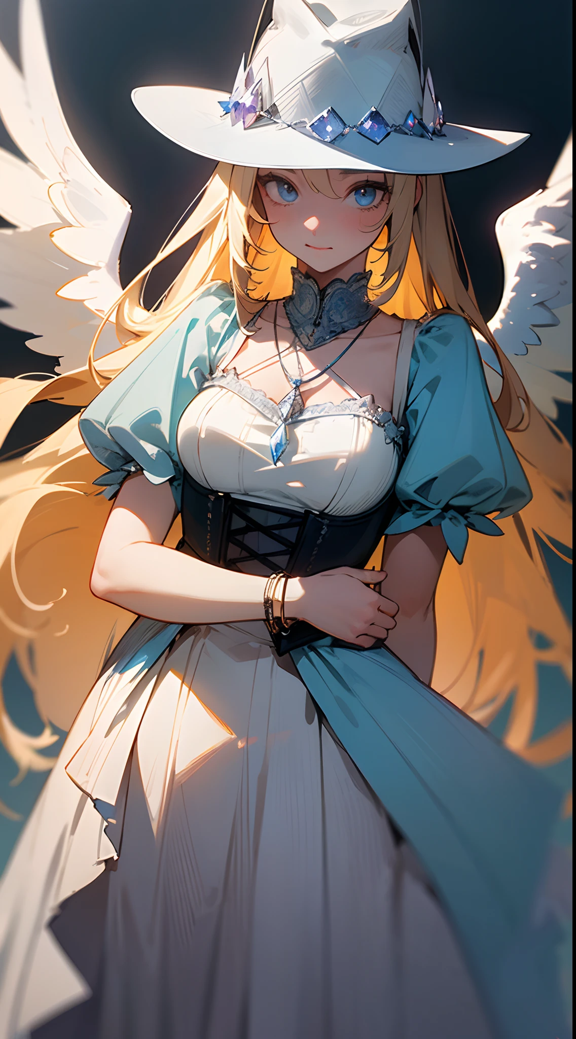 Beautiful girl , extremely long hair , blue eyes , bangs , ((smal Angel wings )),blonde hair  , age  21,

(masterpiece, best quality:1.3),beautiful detailed glow,best illuminate,(((best quality,textile shading,ultra detailed))),extremely detailed CG unity 8k wallpaper,Highly Detailed beautiful and aesthetic,best light,high resolution,detailed,dynamic lighting , 1Character ,  pastel washed out colors , cell shade , soft, muted shades ,gentle colors ,

She wears a wide-brimmed, pointed hat adorned with iridescent sequins and glittering star patterns. high-low dress in a gradient of midnight blue to lavender, designed with flowing layers of chiffon and intricate lace accents. fitted corset with silver details and crystal embellishments, moon-shaped pendant necklace and a collection of silver bangles and bracelets,((wide brim hat:1.3))